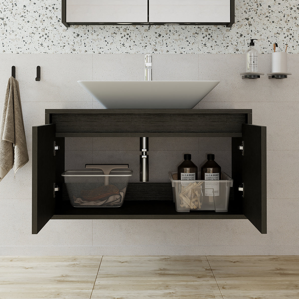lavabo, set di mobili da bagno, lavabo con mobiletto, mobili da bagno, mobile alto, mobile, illuminazione, mobili da bagno, mobiletto, mobile a specchio, specchio, ampio, bagno, ospite, sospeso, mobile da bagno, bianco, mobili
