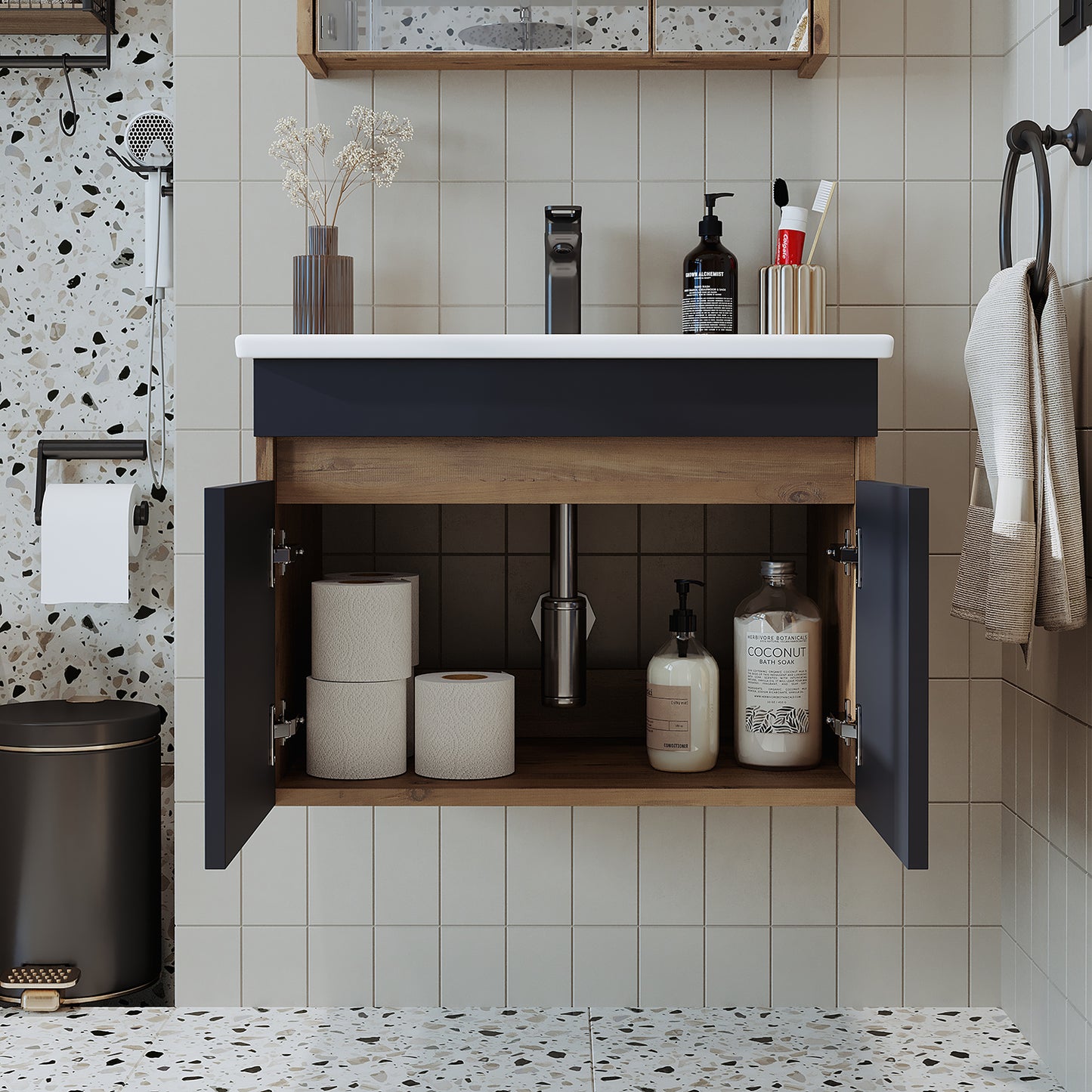 Roomart Ensemble de meubles de salle de bain ATRIA 65 cm Armoire basse avec lavabo Armoire haute - miroir salle de bain, armoire miroir salle de bain largeur 60 cm, armoire miroir salle de bain, armoire miroir avec éclairage, armoire miroir largeur 80 cm, armoires miroir pour salle de bain, miroir