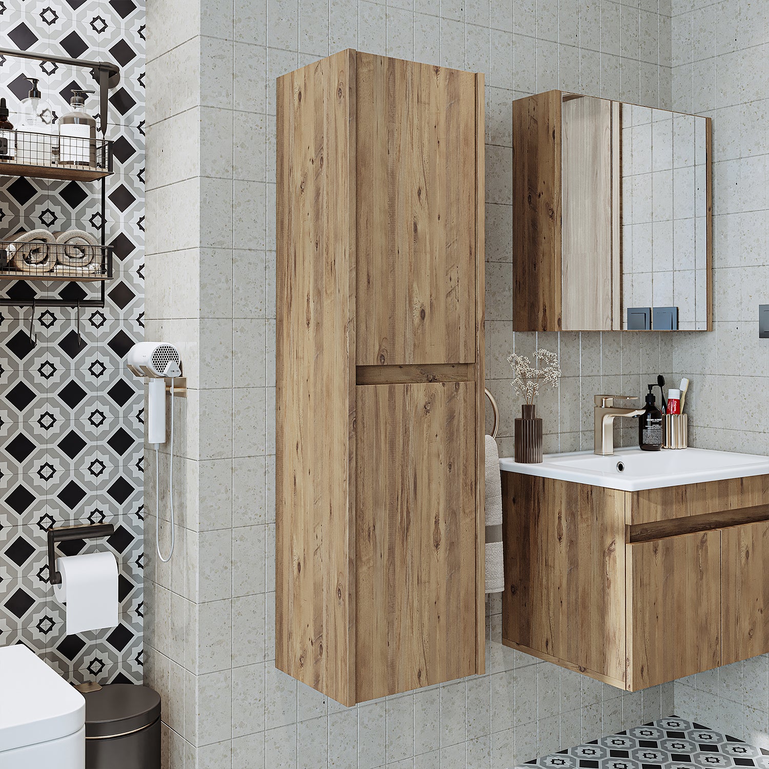 Roomart Badmöbel Set MELONA 3-teilig, in 4 Farben, 65cm Unterschrank • Spiegelschrank • Hochschrank-badezimmerschrank, waschbecken, badezimmermöbel, badschrank, badezimmer, mit, unterschrank, badmöbel, set, waschtisch, möbel, badezimmermãbel, bad, badezim