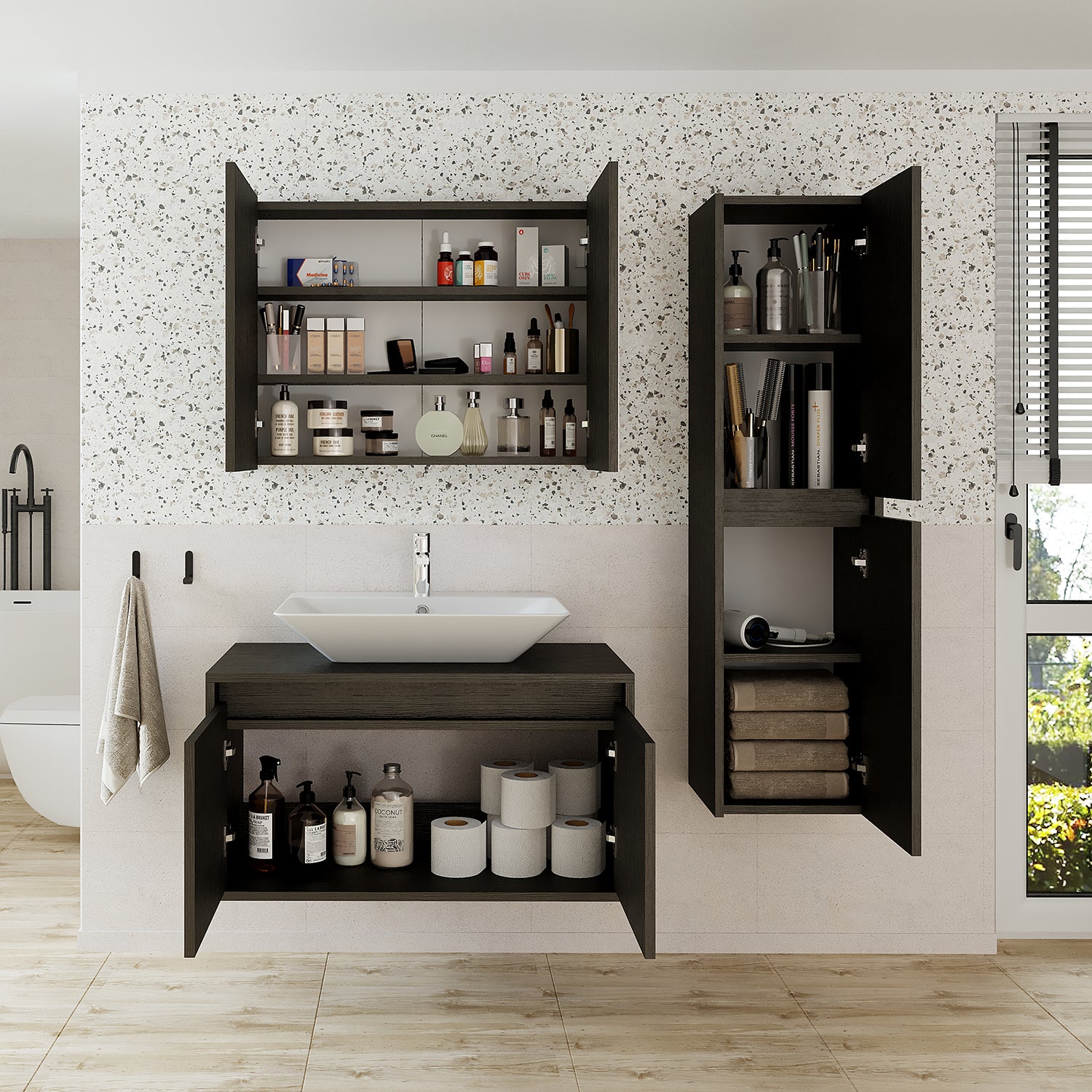 Roomart bathroom furniture set ATLANTIC 4-piece 85 cm in 5 colors vanity unit with ceramic washbasin - mirror cabinet - tall cabinet - bathroom cabinet, washbasin, bathroom furniture, bathroom cabinet, bathroom, with, vanity unit, bathroom furniture, set, washbasin, furniture, bathroom