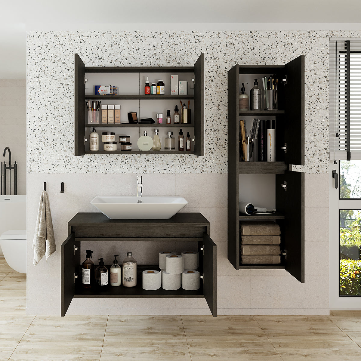 Roomart Badmöbel Set ATLANTIC 4-teilig 85 cm in 5 Farben Unterschrank mit Keramikwaschbecken • Spiegelschrank • Hochschrank - badezimmerschrank, waschbecken, badezimmermöbel, badschrank, badezimmer, mit, unterschrank, badmöbel, set, waschtisch, möbel, bad