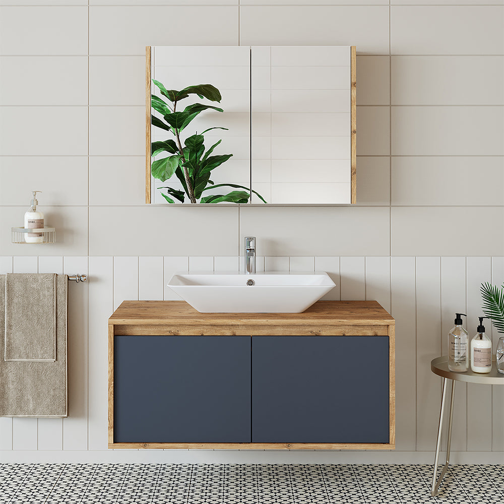 Roomart • Badmöbel Set • ATLANTIC • 3 Teilig • 100 cm Unterschrank mit Keramikwaschbecken • 80 cm Spiegelschrank