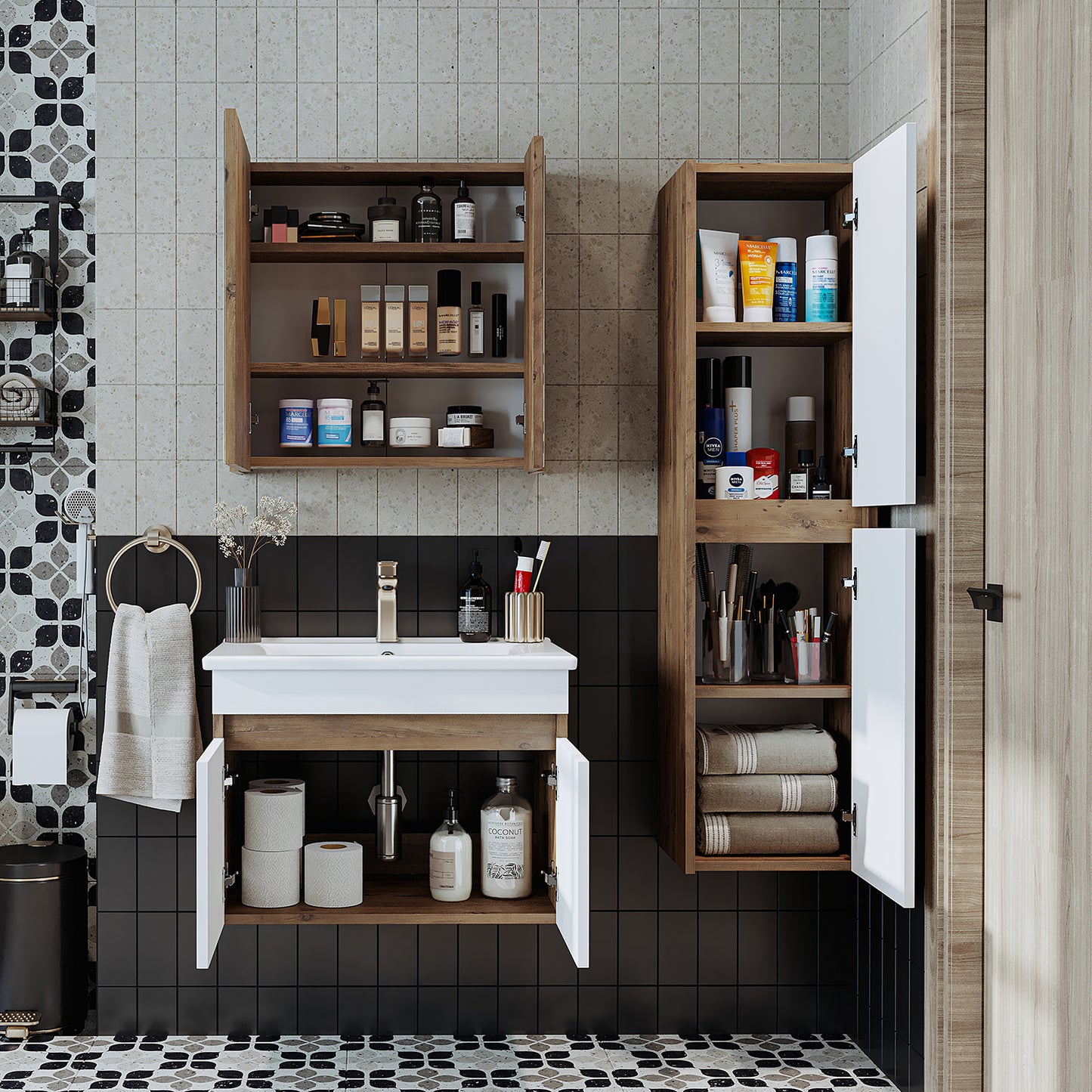 Roomart Ensemble de meubles de salle de bain ATRIA 65 cm Armoire basse avec lavabo Armoire haute - miroir salle de bain, armoire miroir salle de bain largeur 60 cm, armoire miroir salle de bain, armoire miroir avec éclairage, armoire miroir largeur 80 cm, armoires miroir pour salle de bain, miroir