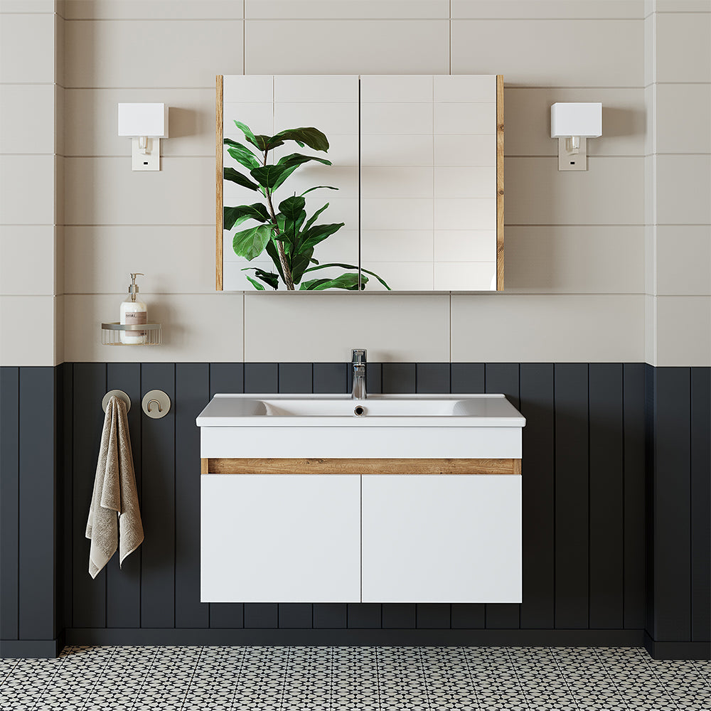 Roomart Badmöbel Set ATRIA 3 Teilig, in 4 Farben, 85 cm Unterschrank mit Keramikwaschbecken • Spiegelschrank