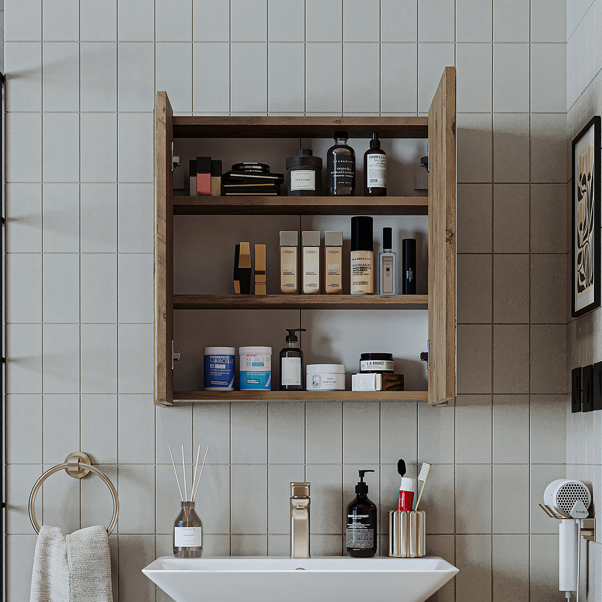 Roomart, Armoire de salle de bain miroir, 80 cm, 60 cm, Meuble de salle de bain, Couleurs blanc & chêne - armoire de salle de bain, lavabo, meuble de salle de bain, armoire de salle de bain, avec, meuble bas, meuble de salle de bain, ensemble, lavabo, meubles, meuble de salle de bain, salle de bain