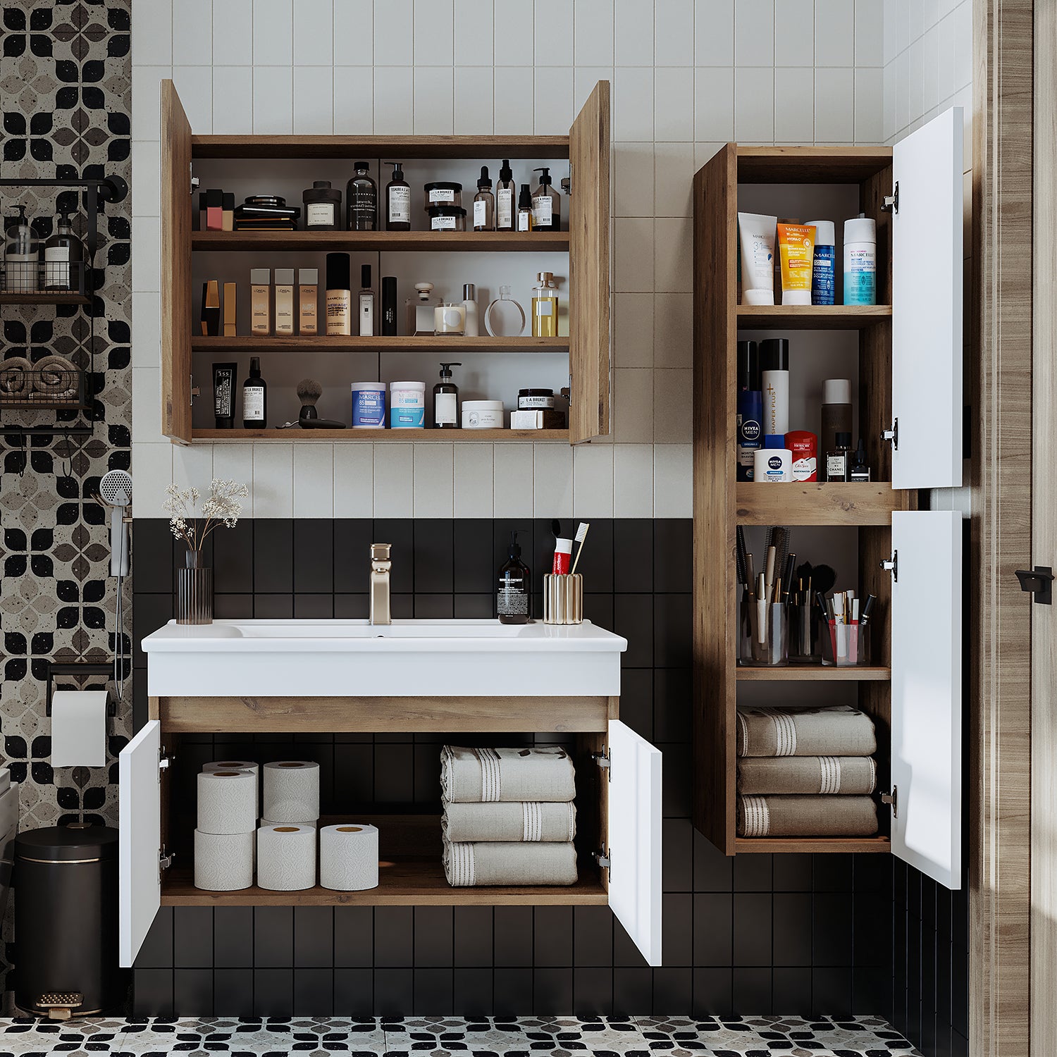 Roomart Ensemble de meubles de salle de bains ATRIA 85 cm Armoire basse avec lavabo Armoire haute - salle de bains, ensemble, lavabo, avec, armoire basse, salle de bains, armoire, large, miroir, meubles de salle de bains, lavabo, pour, armoire de salle de bains, armoire haute, meuble sous-vasque, w