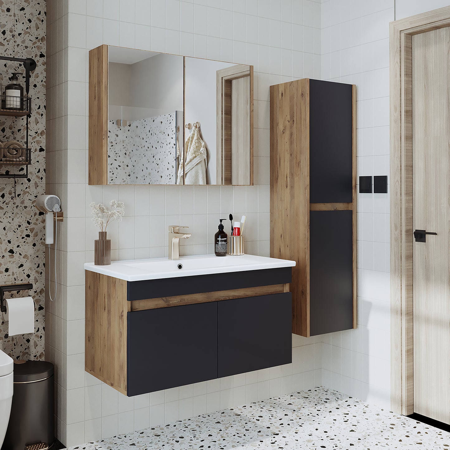 Roomart zestaw mebli łazienkowych ATRIA 85 cm szafka podumywalkowa z lustrem szafka wysoka - łazienka, zestaw, umywalka, z, szafka podumywalkowa, szafka, łazienka, szafka, szeroka, lustro, szafka, łazienka, meble, umywalka, do, łazienka, szafka, wysoka, szafka, umywalka, szafka, w