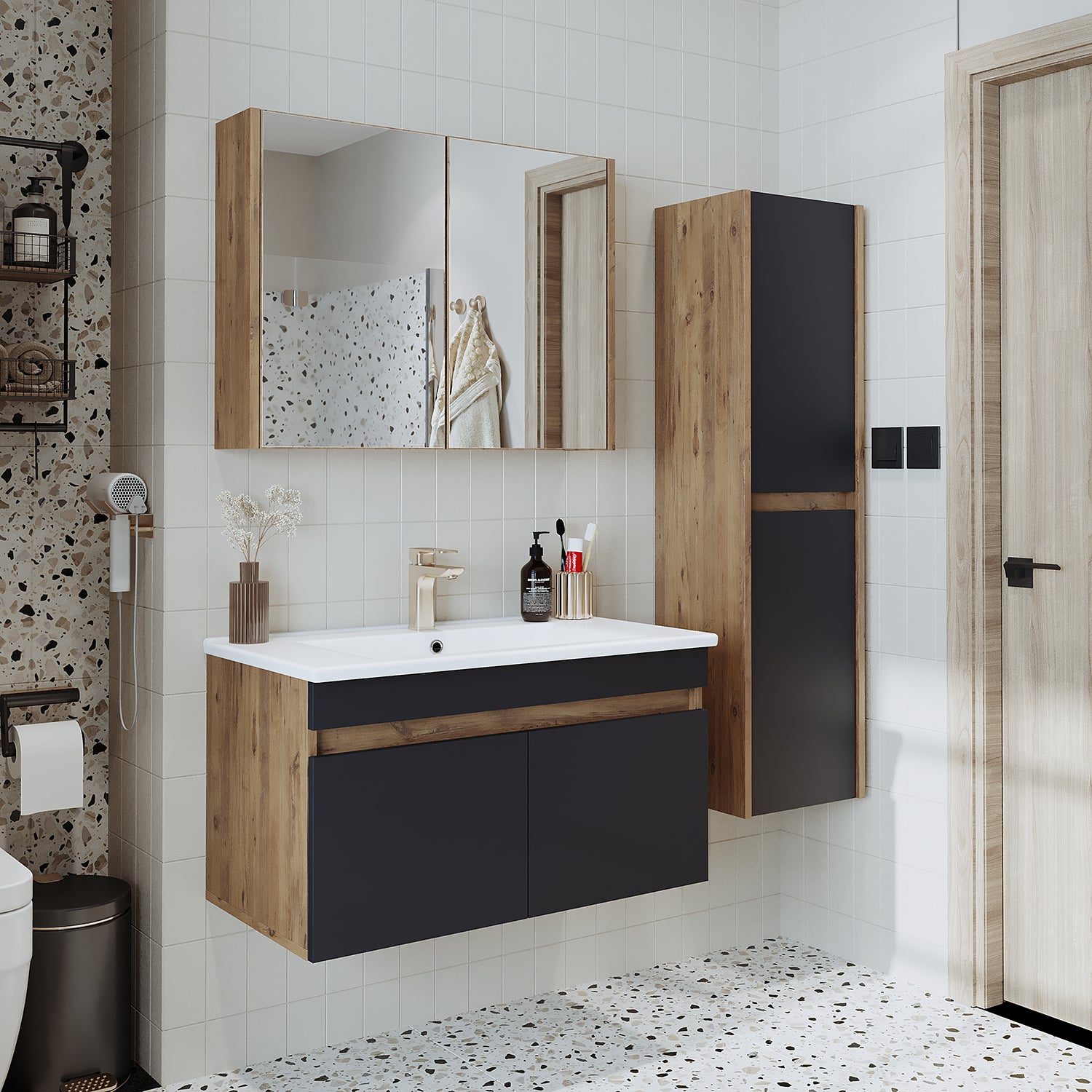 Roomart Ensemble de meubles de salle de bains ATRIA 85 cm Armoire basse avec lavabo Armoire haute - salle de bains, ensemble, lavabo, avec, armoire basse, salle de bains, armoire, large, miroir, meubles de salle de bains, lavabo, pour, armoire de salle de bains, armoire haute, meuble sous-vasque, w