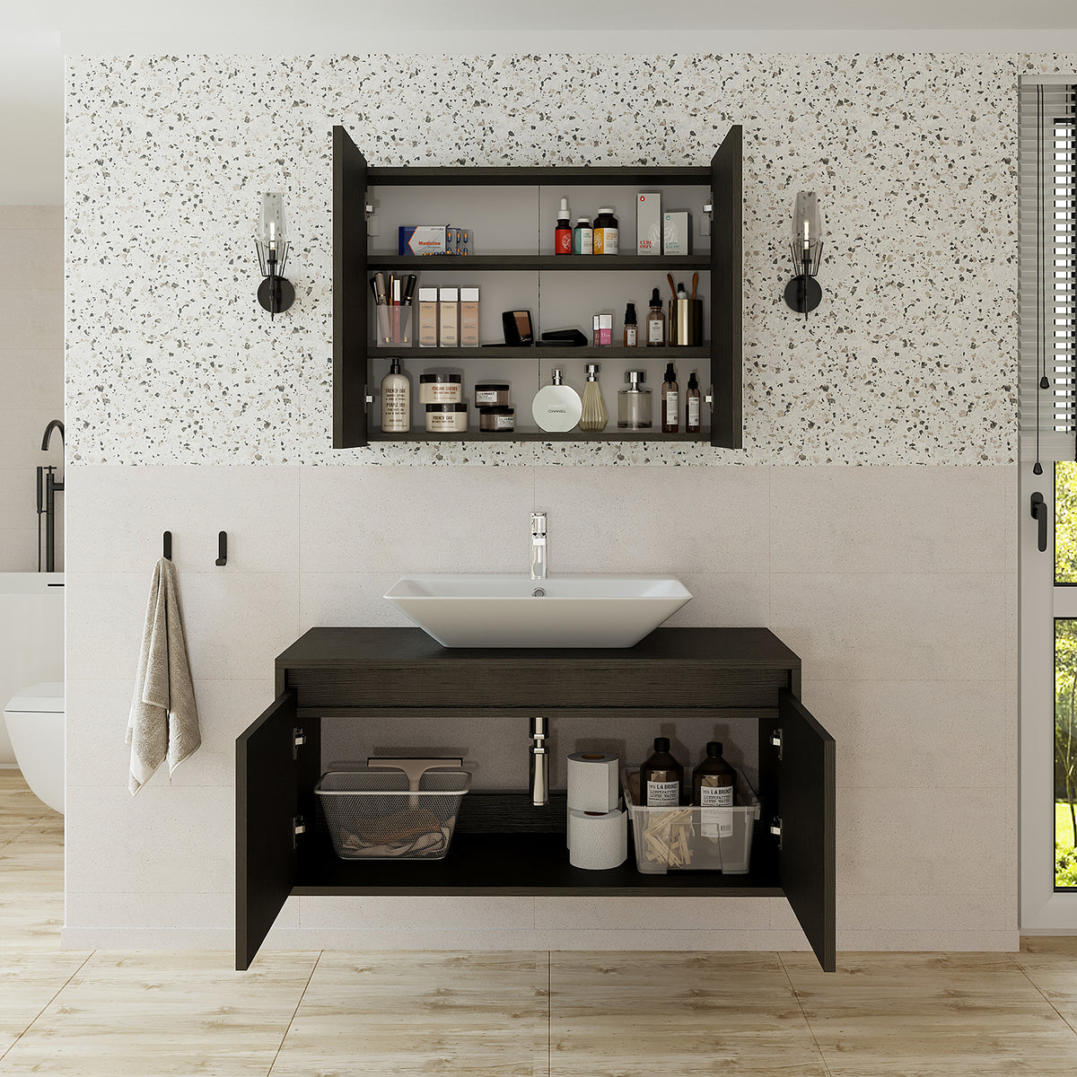 Roomart • Badmöbel Set • ATLANTIC • 3 Teilig • 100 cm Unterschrank mit Keramikwaschbecken • 80 cm Spiegelschrank- badezimmerschrank, waschbecken, badezimmermöbel, badschrank, badezimmer, mit, unterschrank, badmöbel, set, waschtisch, möbel, badezimmermãbel