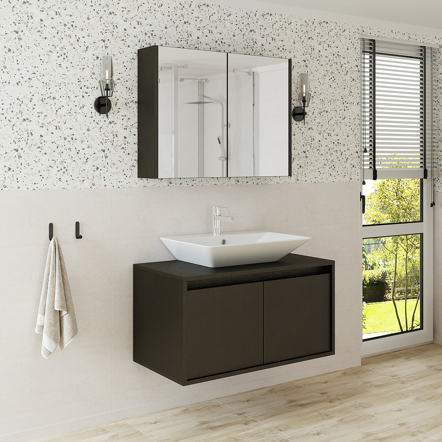 Roomart • Badmöbel Set • ATLANTIC • 3 Teilig • 85 cm Unterschrank mit Keramikwaschbecken • Spiegelschrank