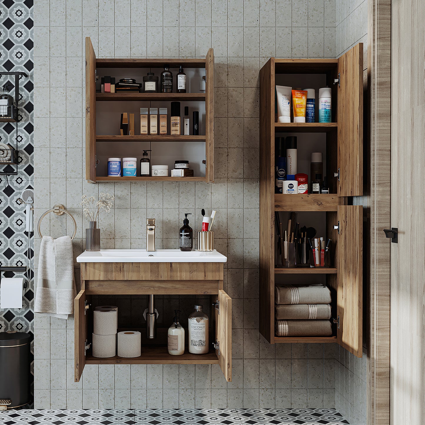 Roomart Ensemble de meubles de salle de bain ATRIA 65 cm Armoire basse avec lavabo Armoire haute - miroir salle de bain, armoire miroir salle de bain largeur 60 cm, armoire miroir salle de bain, armoire miroir avec éclairage, armoire miroir largeur 80 cm, armoires miroir pour salle de bain, miroir