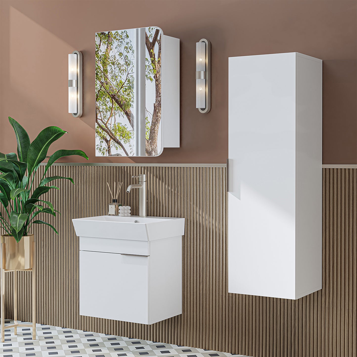 ROOMART Badmöbelset LYCIA 50 cm Unterschrank mit Keramik-Waschbecken, Spiegelschrank, Seitenschrank, Badezimmermöbel in 4 Farben
