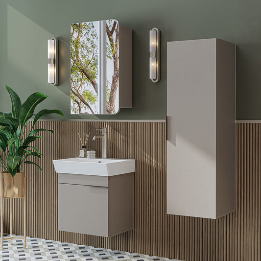 Roomart Badmöbel Set LYCIA 50 cm – 4-teiliges Badezimmermöbel-Set mit Keramik-Waschbecken, Spiegelschrank & Seitenschrank – Badmöbel in 4 Farben