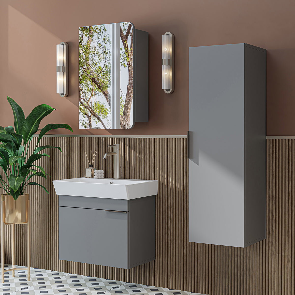 Roomart Badmöbel-Set LYCIA 60 cm, 4-teilig mit Spiegelschrank und Hochschrank, in 4 Farben