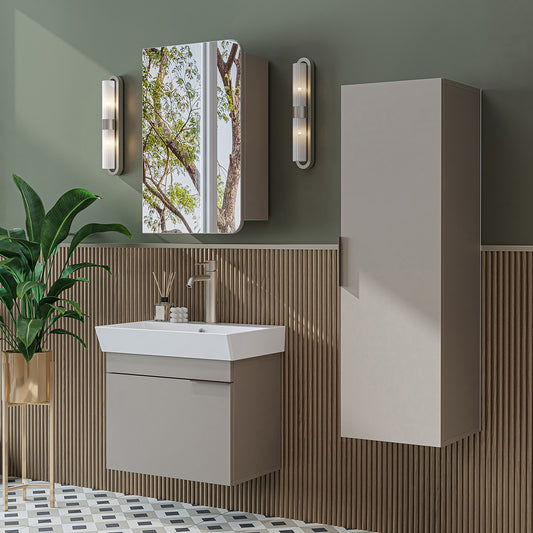 Roomart Badmöbel Set LYCIA 60 cm – 4-teiliges Badezimmermöbel-Set mit Keramik-Waschbecken, Spiegelschrank & Seitenschrank – Badmöbel in 4 Farben