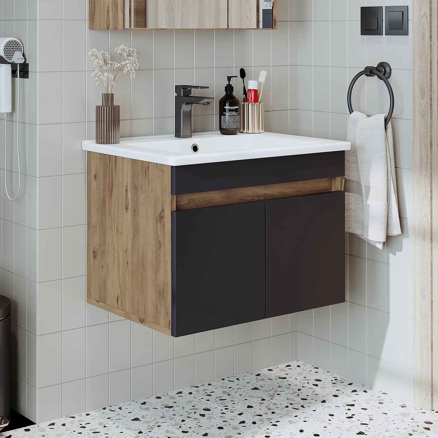 Roomart Ensemble de meubles de salle de bain ATRIA 65 cm Armoire basse avec lavabo Armoire haute - miroir salle de bain, armoire miroir salle de bain largeur 60 cm, armoire miroir salle de bain, armoire miroir avec éclairage, armoire miroir largeur 80 cm, armoires miroir pour salle de bain, miroir