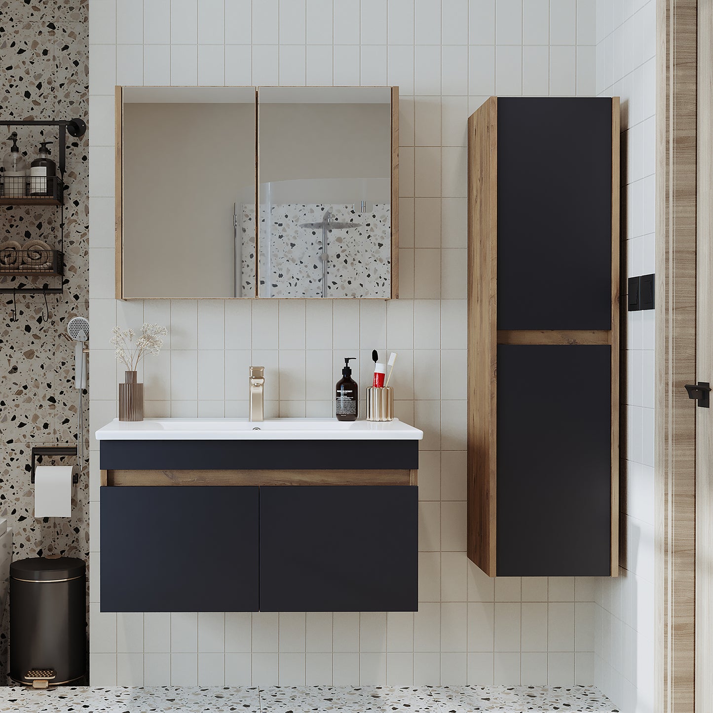 Roomart zestaw mebli łazienkowych ATRIA 85 cm szafka podumywalkowa z lustrem szafka wysoka - łazienka, zestaw, umywalka, z, szafka podumywalkowa, szafka, łazienka, szafka, szeroka, lustro, szafka, łazienka, meble, umywalka, do, łazienka, szafka, wysoka, szafka, umywalka, szafka, w