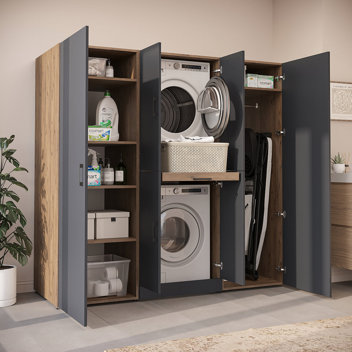 Roomart Waschmaschinenschrank DORA-I 190 cm, Anthrazit Eiche, 186 cm hoch, Bild 3