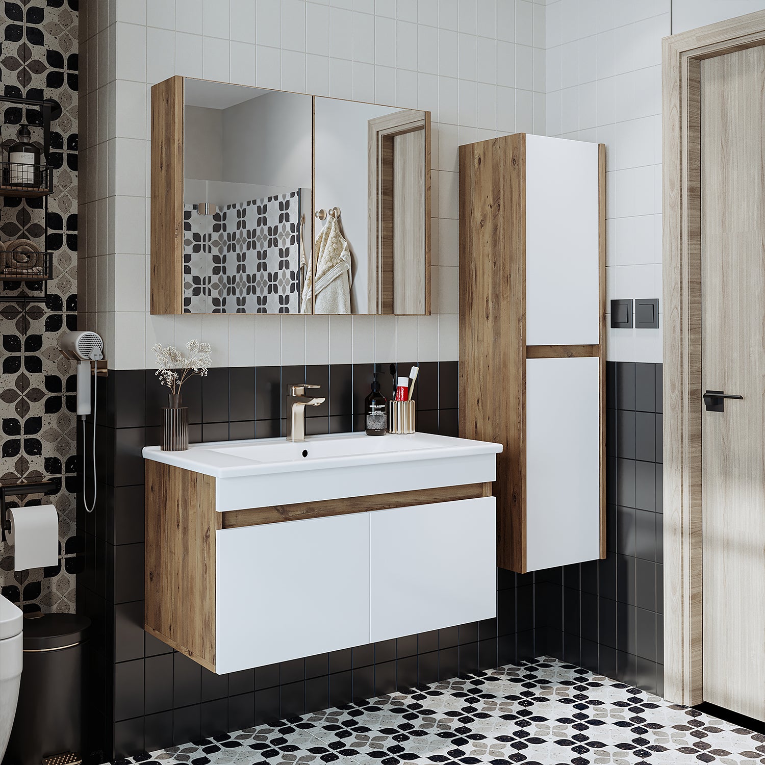 Roomart Ensemble de meubles de salle de bains ATRIA 85 cm Armoire basse avec lavabo Armoire haute - salle de bains, ensemble, lavabo, avec, armoire basse, salle de bains, armoire, large, miroir, meubles de salle de bains, lavabo, pour, armoire de salle de bains, armoire haute, meuble sous-vasque, w