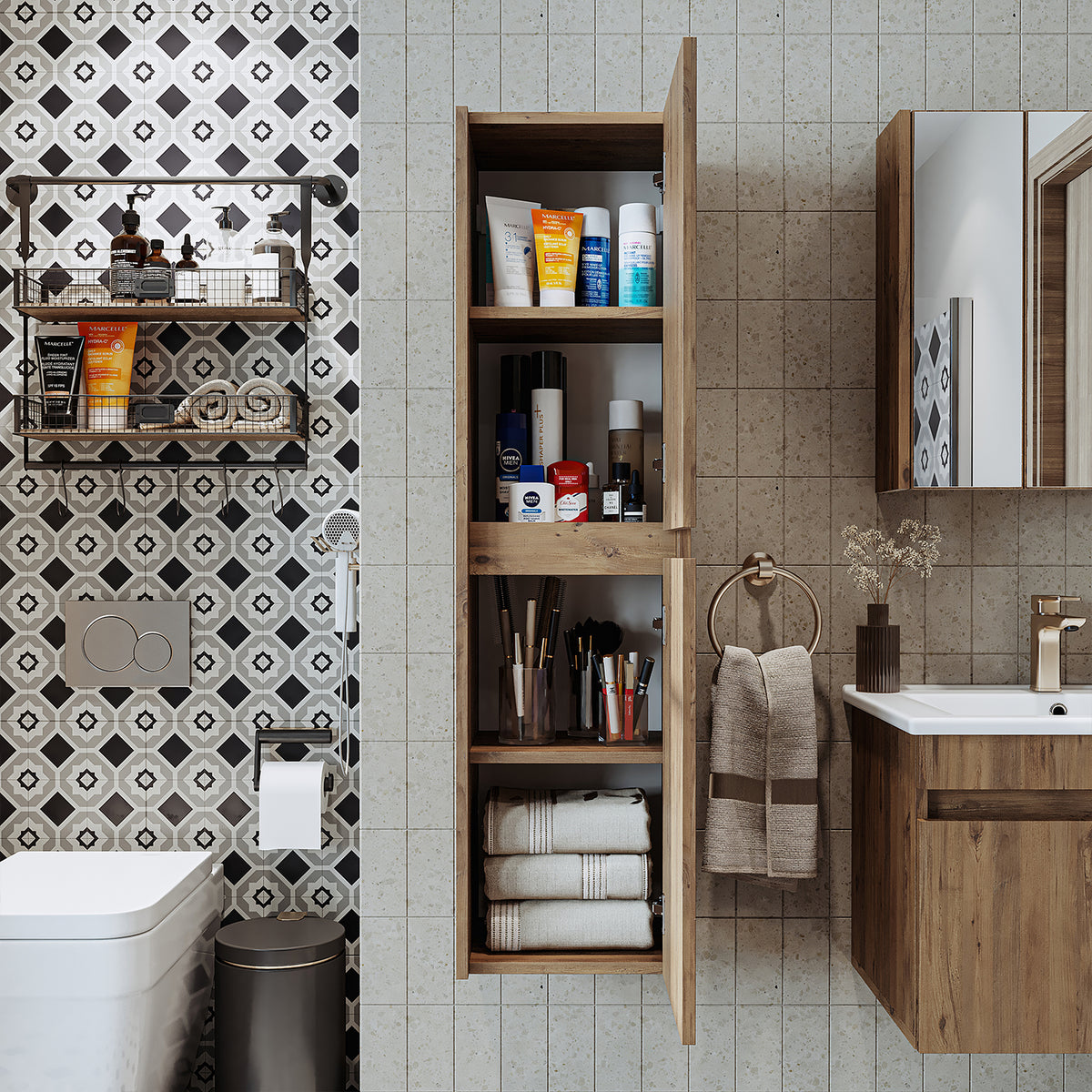 Roomart Badmöbel Set MELONA 3-teilig, in 4 Farben, 65cm Unterschrank • Spiegelschrank • Hochschrank-badezimmerschrank, waschbecken, badezimmermöbel, badschrank, badezimmer, mit, unterschrank, badmöbel, set, waschtisch, möbel, badezimmermãbel, bad, badezim