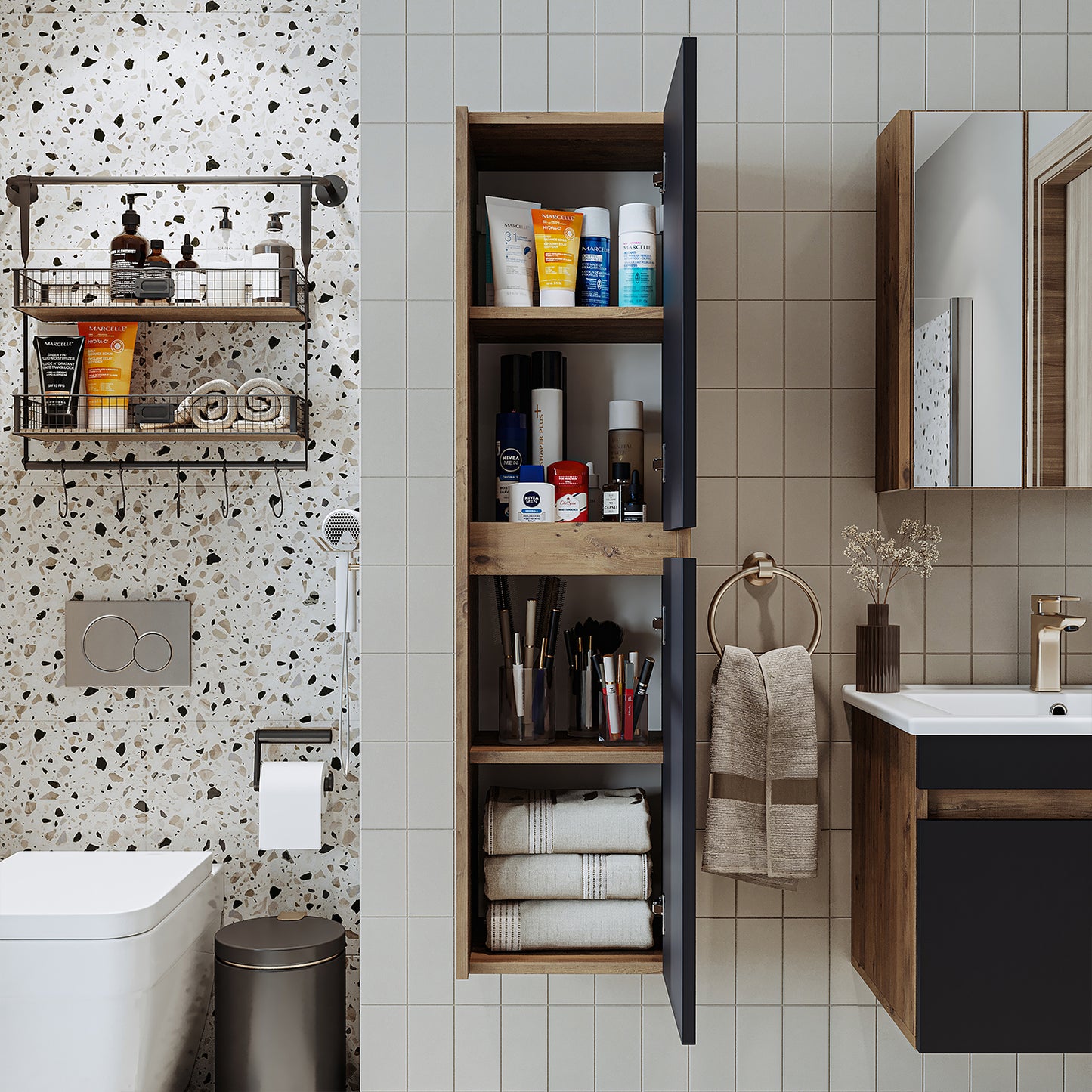 Roomart juego de muebles de baño MELONA 3 piezas, en 4 colores, mueble lavabo 65cm - mueble con espejo - mueble alto- muebles de baño, juego, lavabo, lavabo, baño, muebles, muebles de baño, baño, mueble lavabo, cm, ancho, moderno, lavabo, profundo, con, mueble lavabo