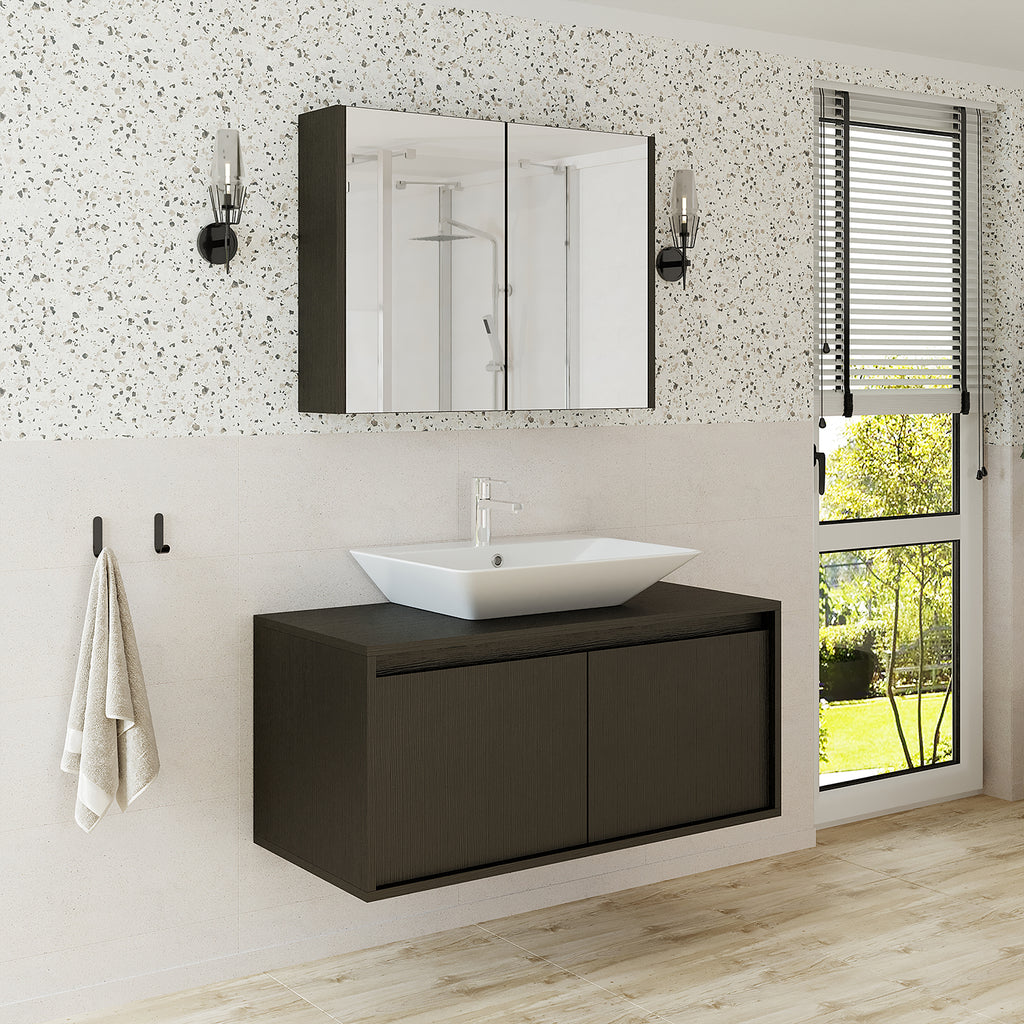 Roomart • Badmöbel Set • ATLANTIC • 3 Teilig • 100 cm Unterschrank mit Keramikwaschbecken • 80 cm Spiegelschrank- badezimmerschrank, waschbecken, badezimmermöbel, badschrank, badezimmer, mit, unterschrank, badmöbel, set, waschtisch, möbel, badezimmermãbel