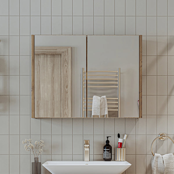 Roomart, armario con espejo de baño, 80 cm, 60 cm, muebles de baño, en colores blanco y roble