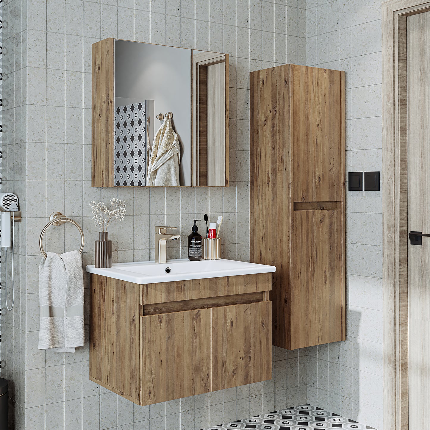 Roomart Ensemble de meubles de salle de bain ATRIA 65 cm Armoire basse avec lavabo Armoire haute - miroir salle de bain, armoire miroir salle de bain largeur 60 cm, armoire miroir salle de bain, armoire miroir avec éclairage, armoire miroir largeur 80 cm, armoires miroir pour salle de bain, miroir