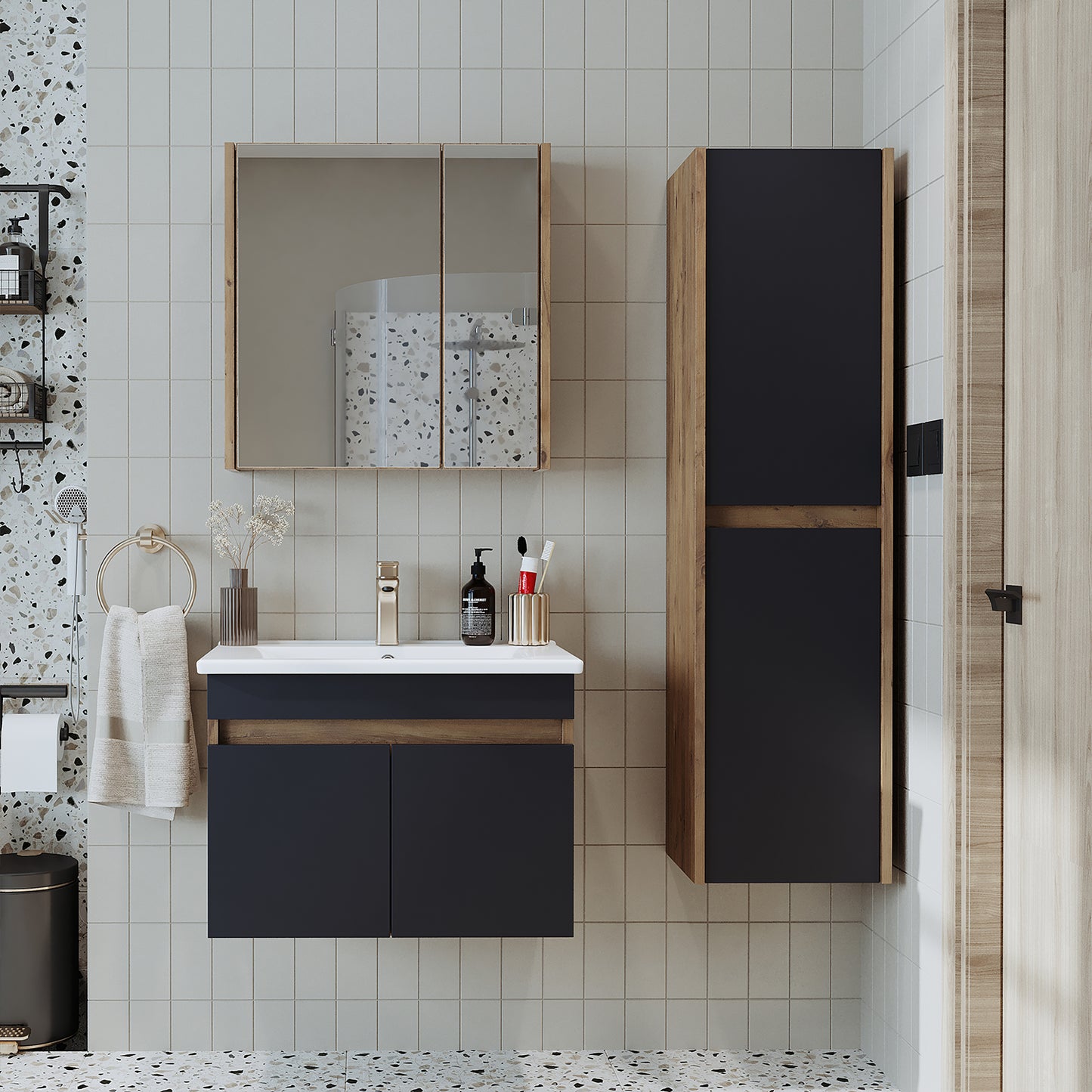 Roomart Ensemble de meubles de salle de bain ATRIA 65 cm Armoire basse avec lavabo Armoire haute - miroir salle de bain, armoire miroir salle de bain largeur 60 cm, armoire miroir salle de bain, armoire miroir avec éclairage, armoire miroir largeur 80 cm, armoires miroir pour salle de bain, miroir