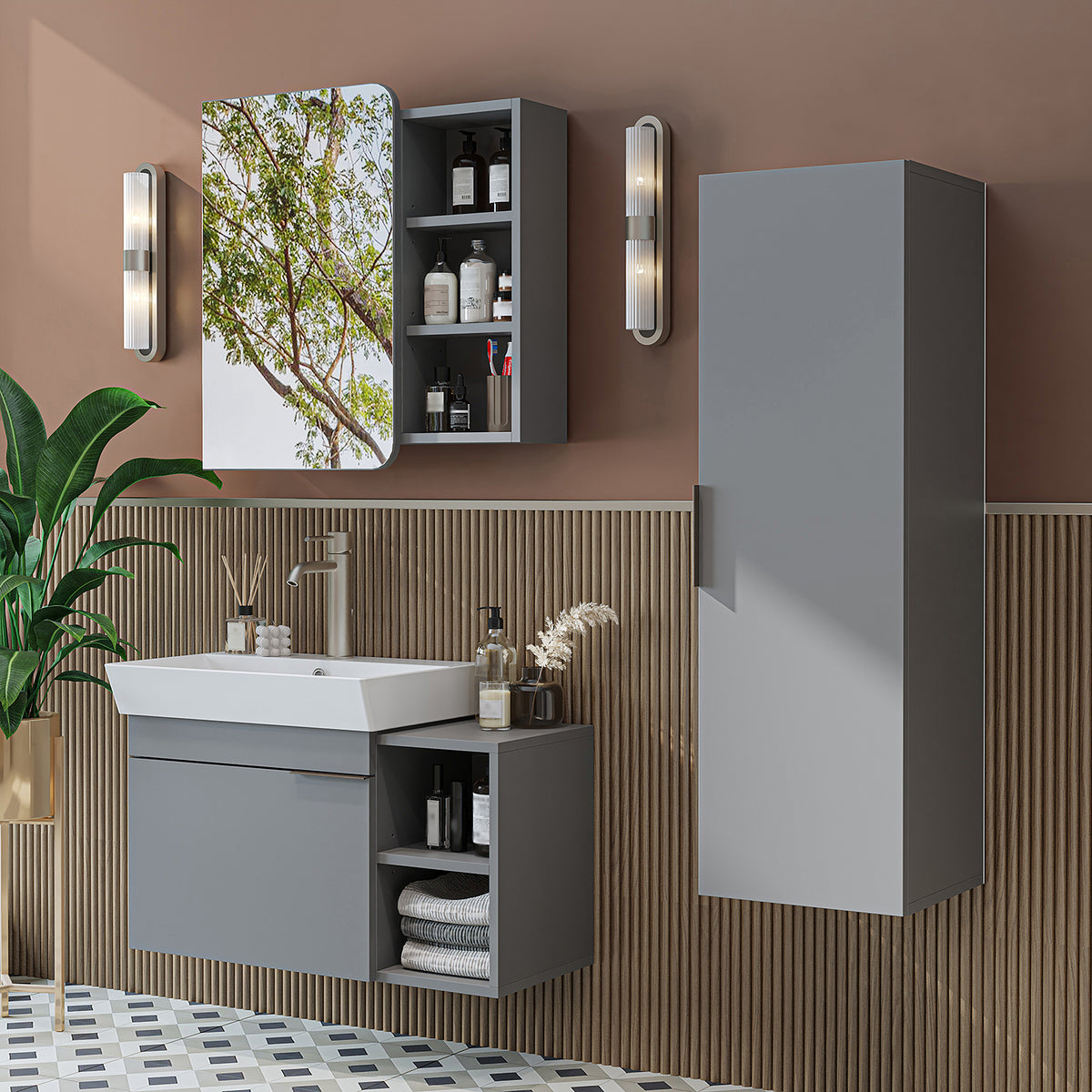 Roomart Badmöbel-Set LYCIA 82 cm, 4-teilig mit Spiegelschrank und Hochschrank, in 4 Farben