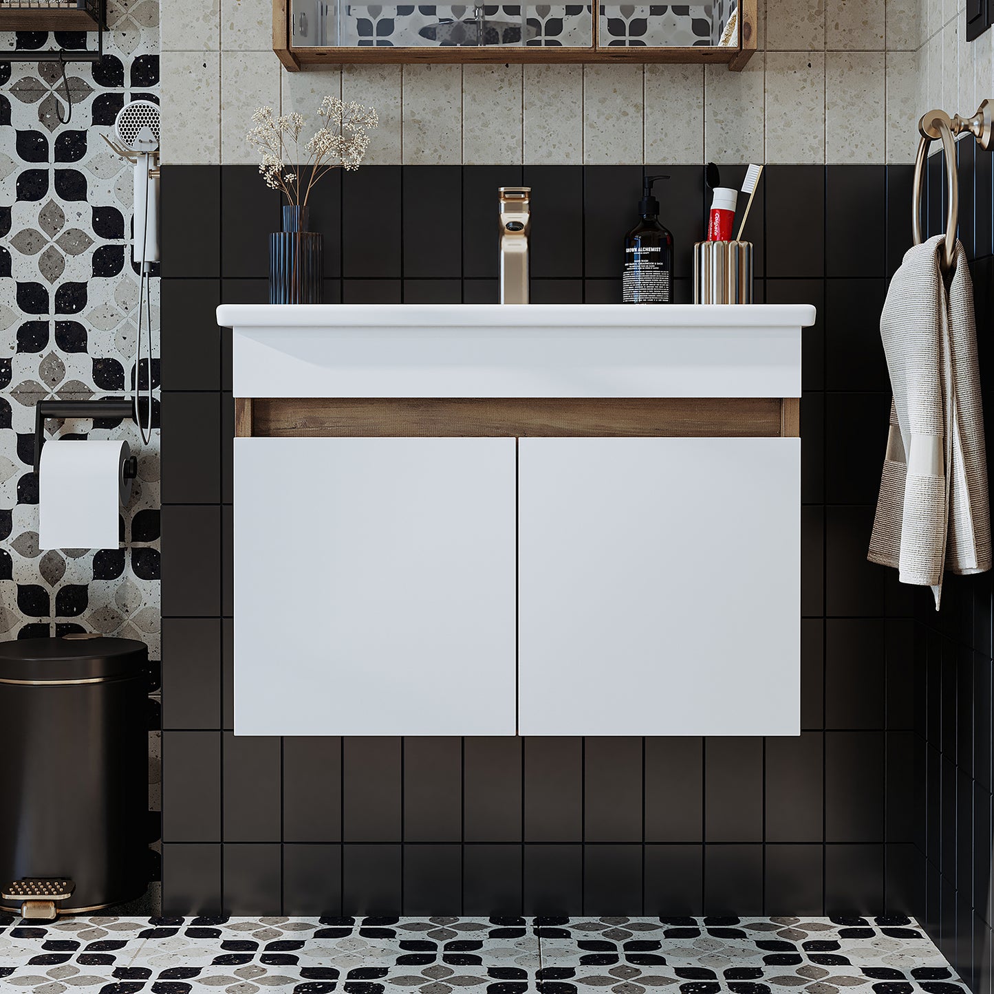 Roomart Ensemble de meubles de salle de bain ATRIA 65 cm Armoire basse avec lavabo Armoire haute - miroir salle de bain, armoire miroir salle de bain largeur 60 cm, armoire miroir salle de bain, armoire miroir avec éclairage, armoire miroir largeur 80 cm, armoires miroir pour salle de bain, miroir