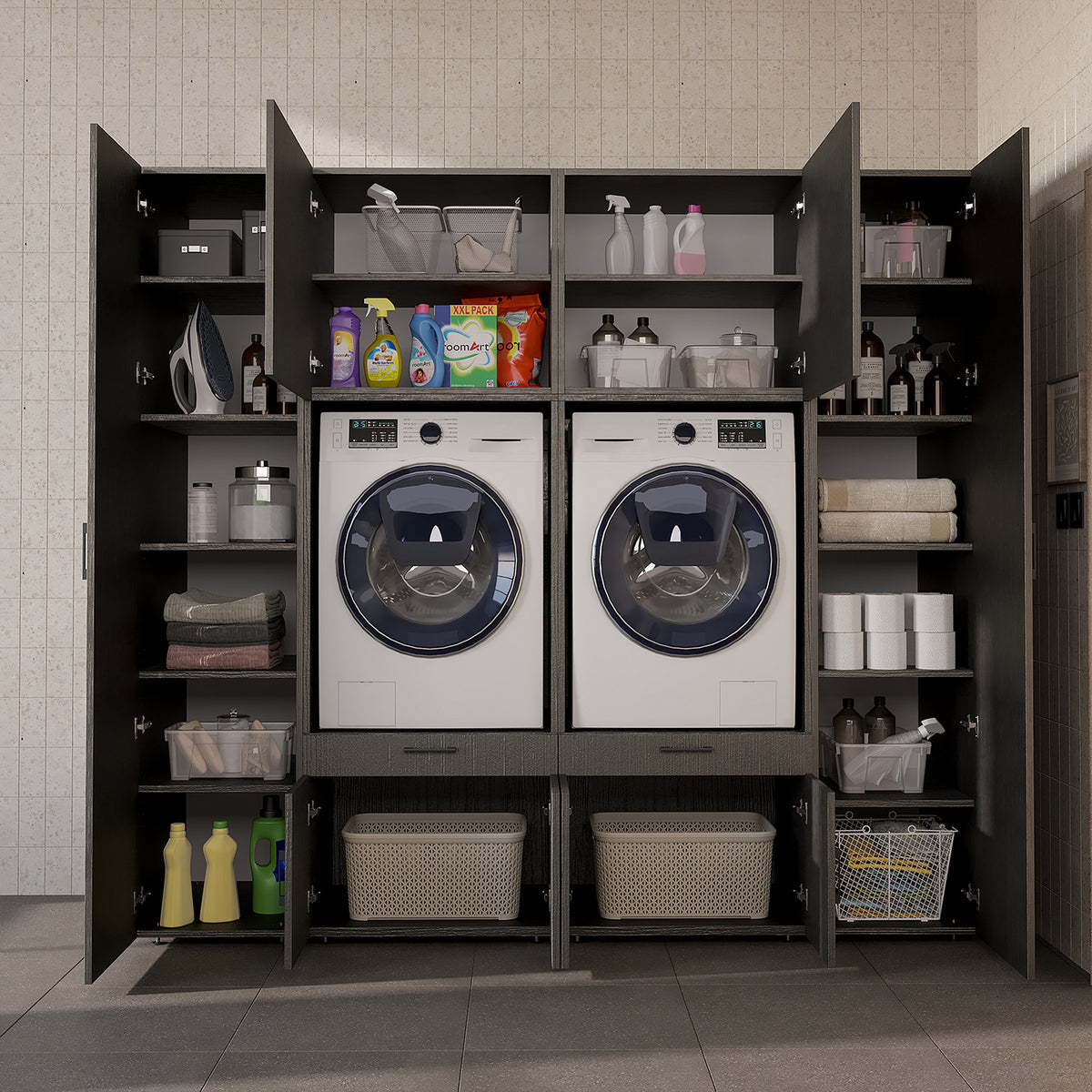 Roomart Waschmaschinenschrank SERIE 3 224 cm, Schwarz-Eiche, 205 cm hoch