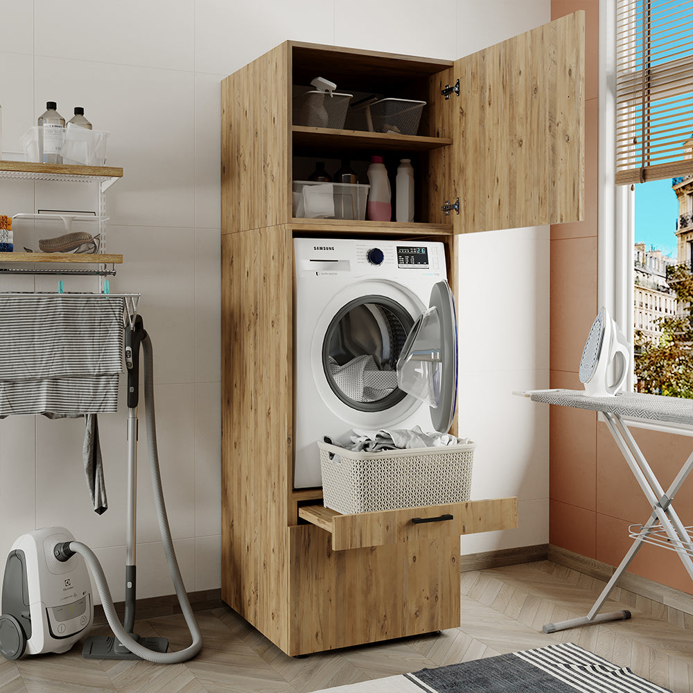 Roomart Waschmaschinenschrank mit Schrankaufsatz 62cm • HBT: 205x67x66,8 cm • Schublade & Ausziehbrett • Weiß • Schwarz eiche