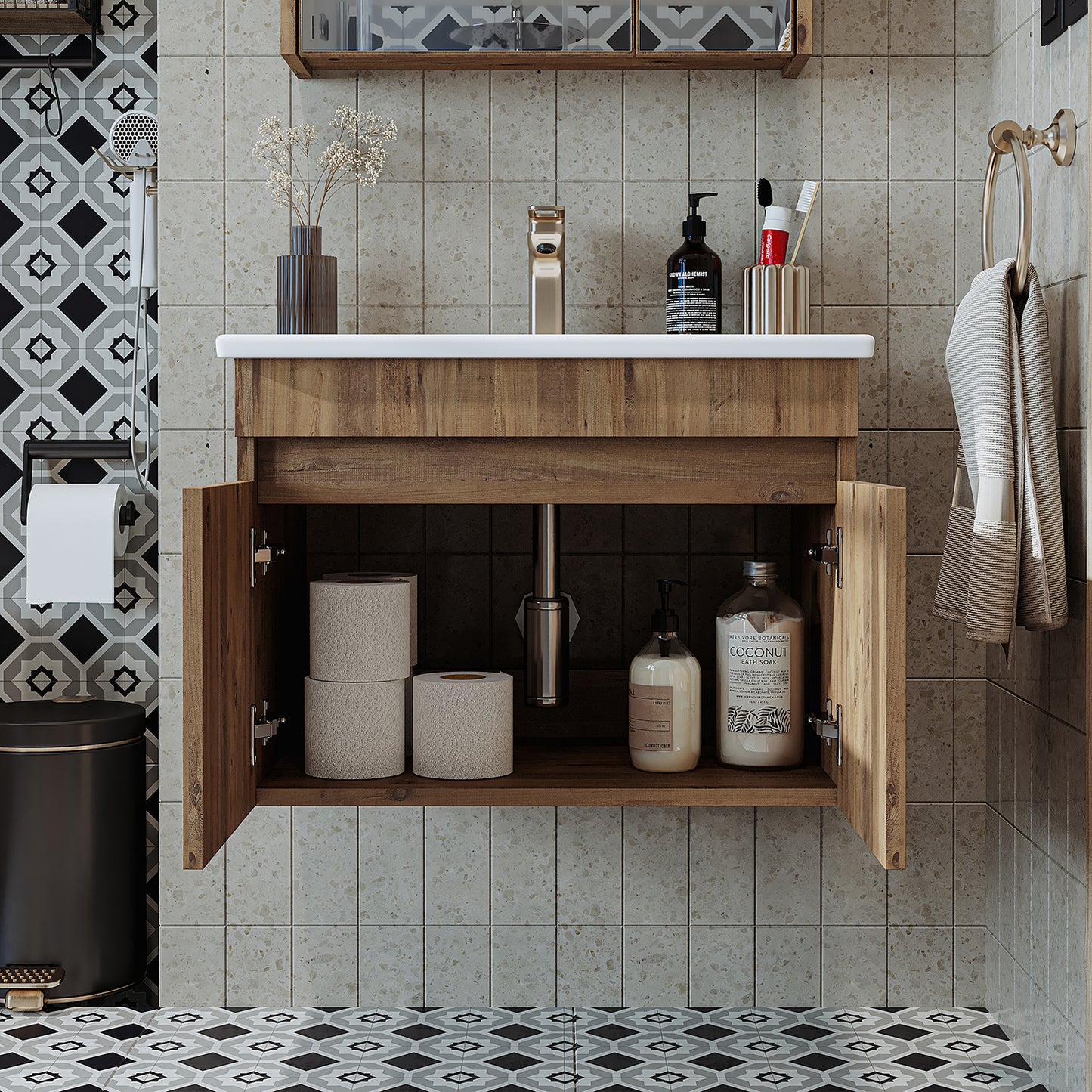 Roomart Ensemble de meubles de salle de bain ATRIA 65 cm Armoire basse avec lavabo Armoire haute - miroir salle de bain, armoire miroir salle de bain largeur 60 cm, armoire miroir salle de bain, armoire miroir avec éclairage, armoire miroir largeur 80 cm, armoires miroir pour salle de bain, miroir