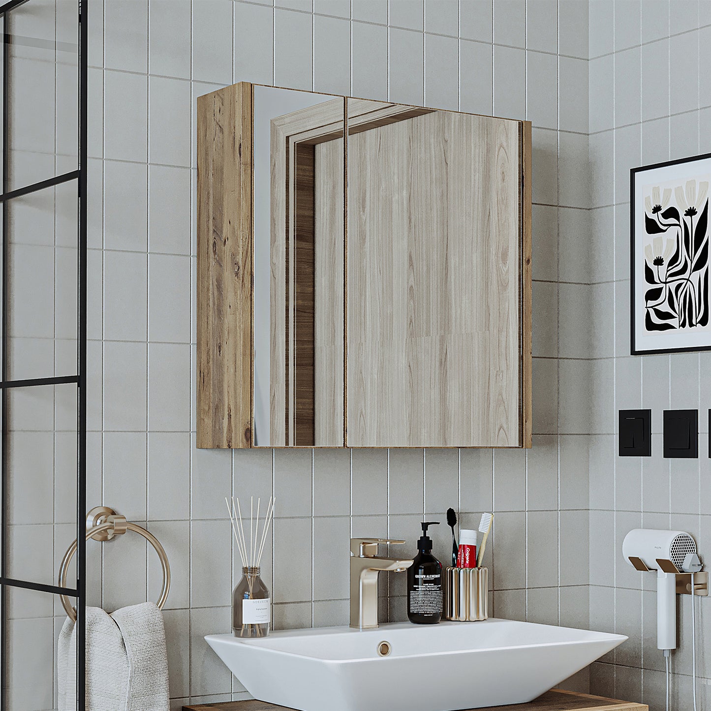 Roomart juego de muebles de baño ATLANTIC 4 piezas, en 5 colores, mueble de baño de 65 cm con lavabo de cerámica - armario con espejo - armario alto - armario con espejo de 80 cm de ancho, armarios con espejo para baño, armario con espejo para baño con iluminación, armario alibert, armario de baño con
