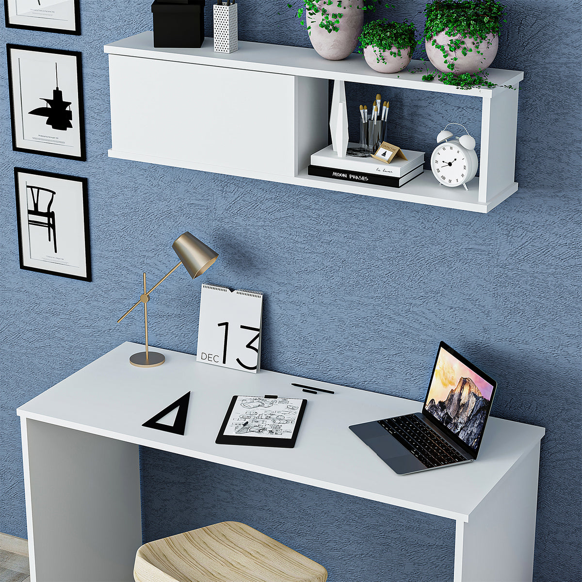 Roomart Schreibtisch SERA 120 cm mit Wandschrank und offenen Fächern, Weiß