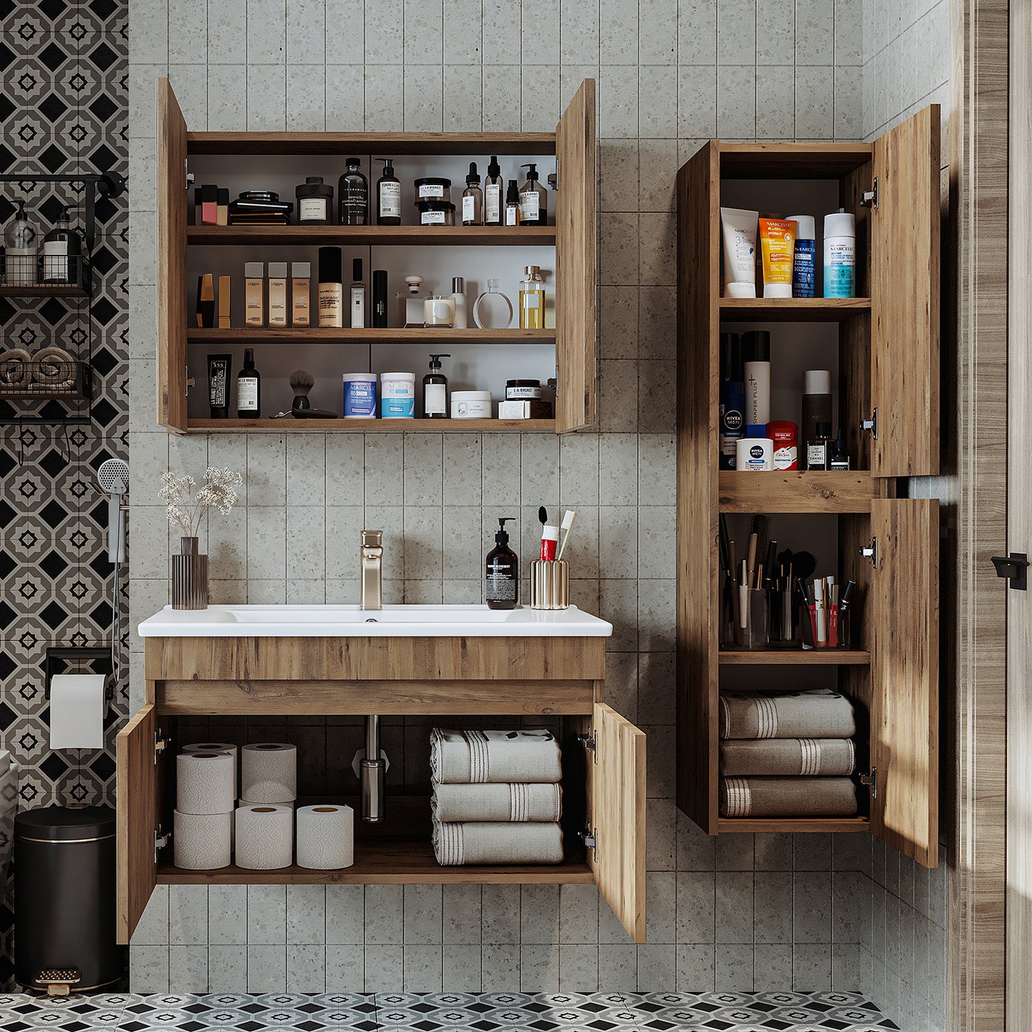 Roomart zestaw mebli łazienkowych ATRIA 85 cm szafka podumywalkowa z lustrem szafka wysoka - łazienka, zestaw, umywalka, z, szafka podumywalkowa, szafka, łazienka, szafka, szeroka, lustro, szafka, łazienka, meble, umywalka, do, łazienka, szafka, wysoka, szafka, umywalka, szafka, w