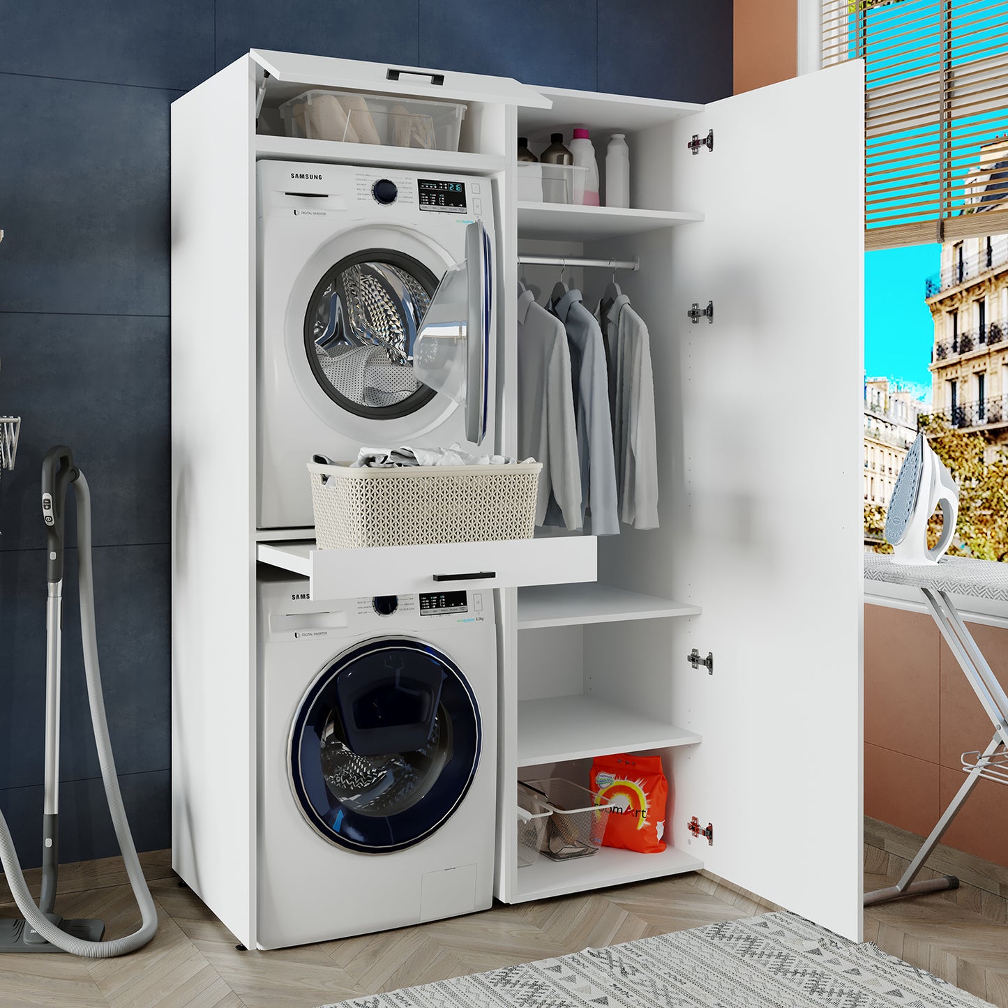 Sèche-linge mural Roomart sur lave-linge • 127 cm de large • Blanc • Chêne noir