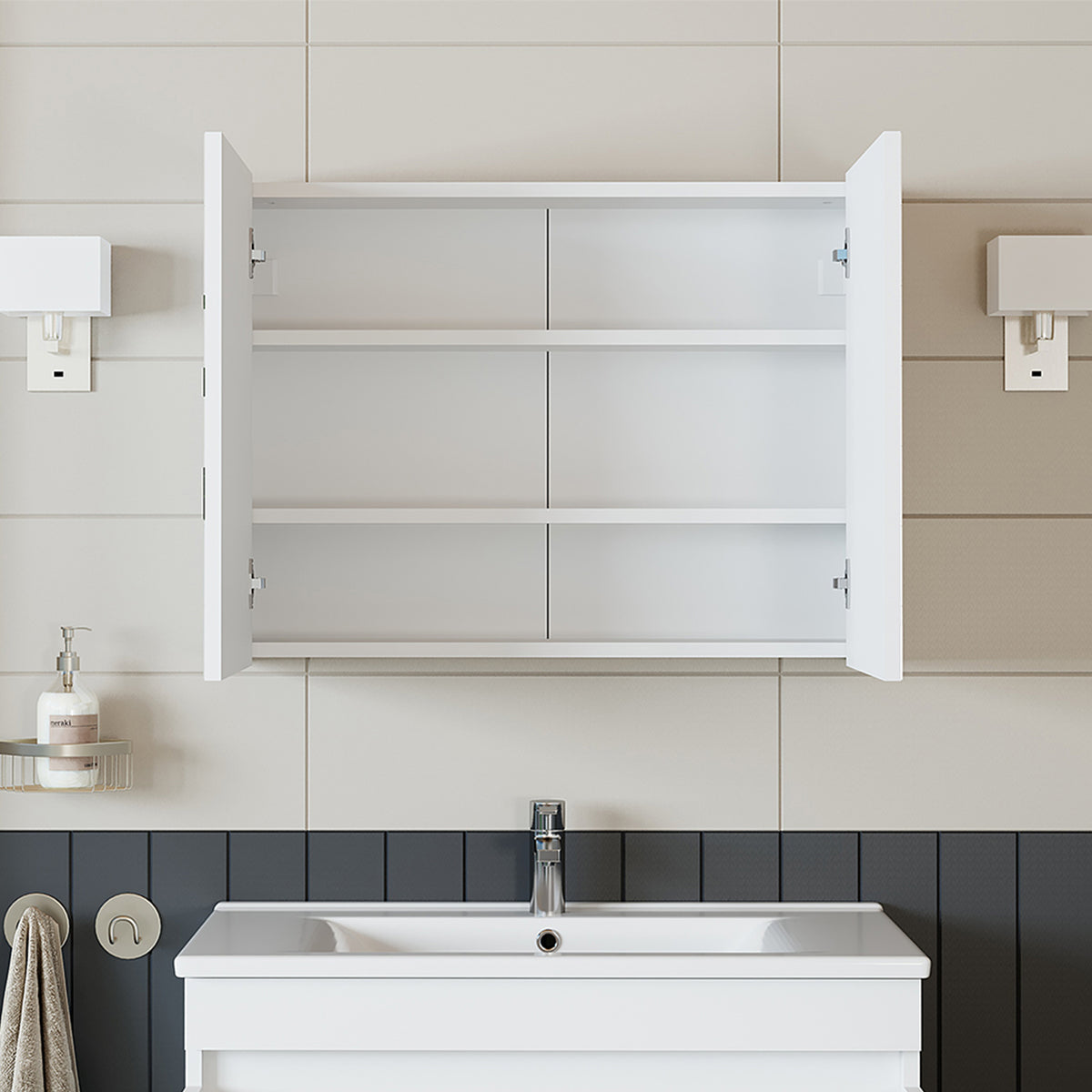 Roomart, Armoire de salle de bain miroir, 80 cm, 60 cm, Meuble de salle de bain, Couleurs blanc & chêne - armoire de salle de bain, lavabo, meuble de salle de bain, armoire de salle de bain, avec, meuble bas, meuble de salle de bain, ensemble, lavabo, meubles, meuble de salle de bain, salle de bain