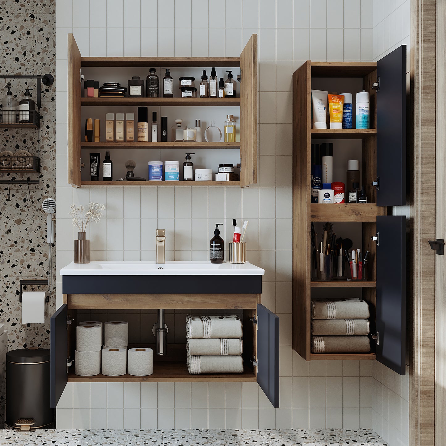 Roomart zestaw mebli łazienkowych ATRIA 85 cm szafka podumywalkowa z lustrem szafka wysoka - łazienka, zestaw, umywalka, z, szafka podumywalkowa, szafka, łazienka, szafka, szeroka, lustro, szafka, łazienka, meble, umywalka, do, łazienka, szafka, wysoka, szafka, umywalka, szafka, w