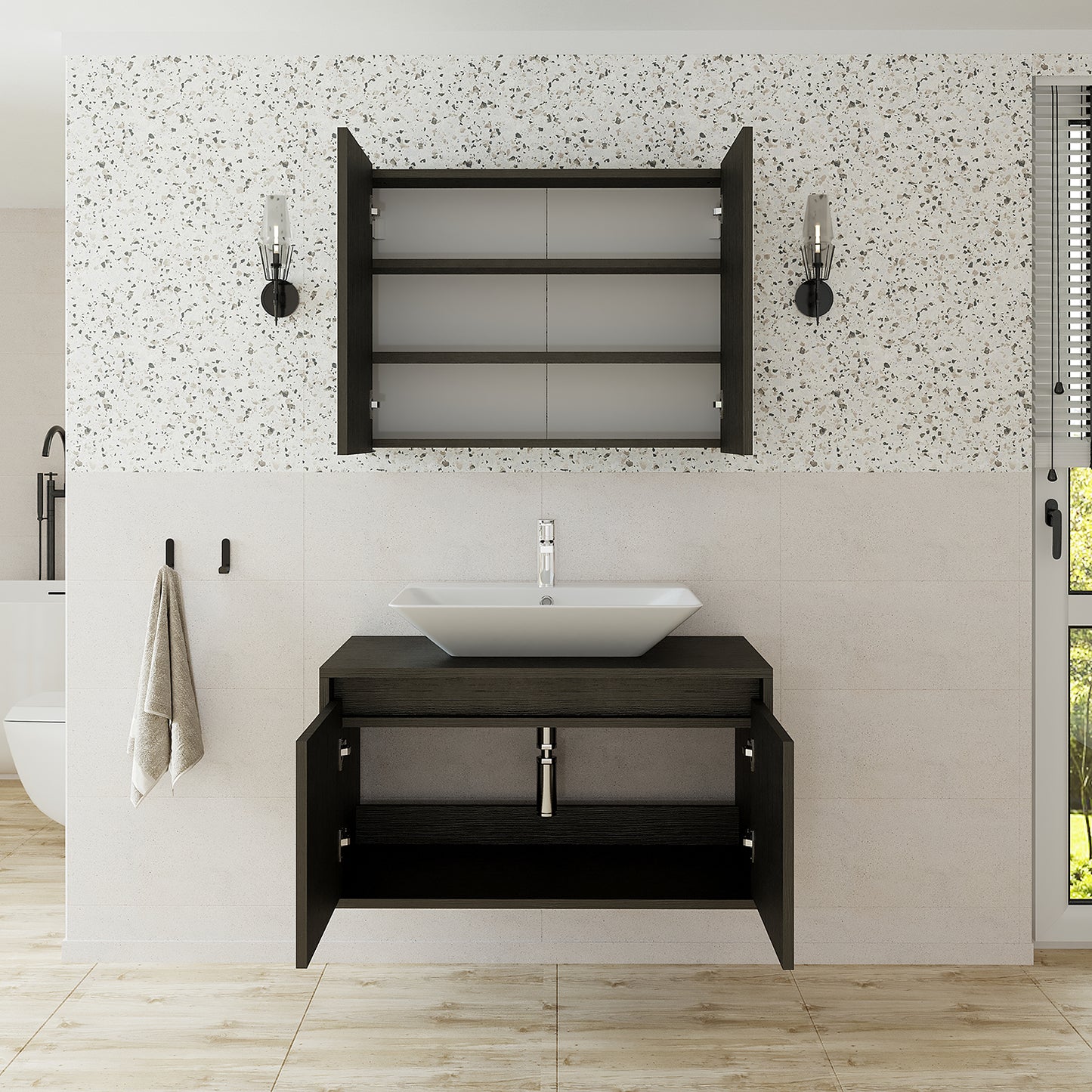 Roomart • Badmöbel Set • ATLANTIC • 3 Teilig • 85 cm Unterschrank mit Keramikwaschbecken • Spiegelschrank