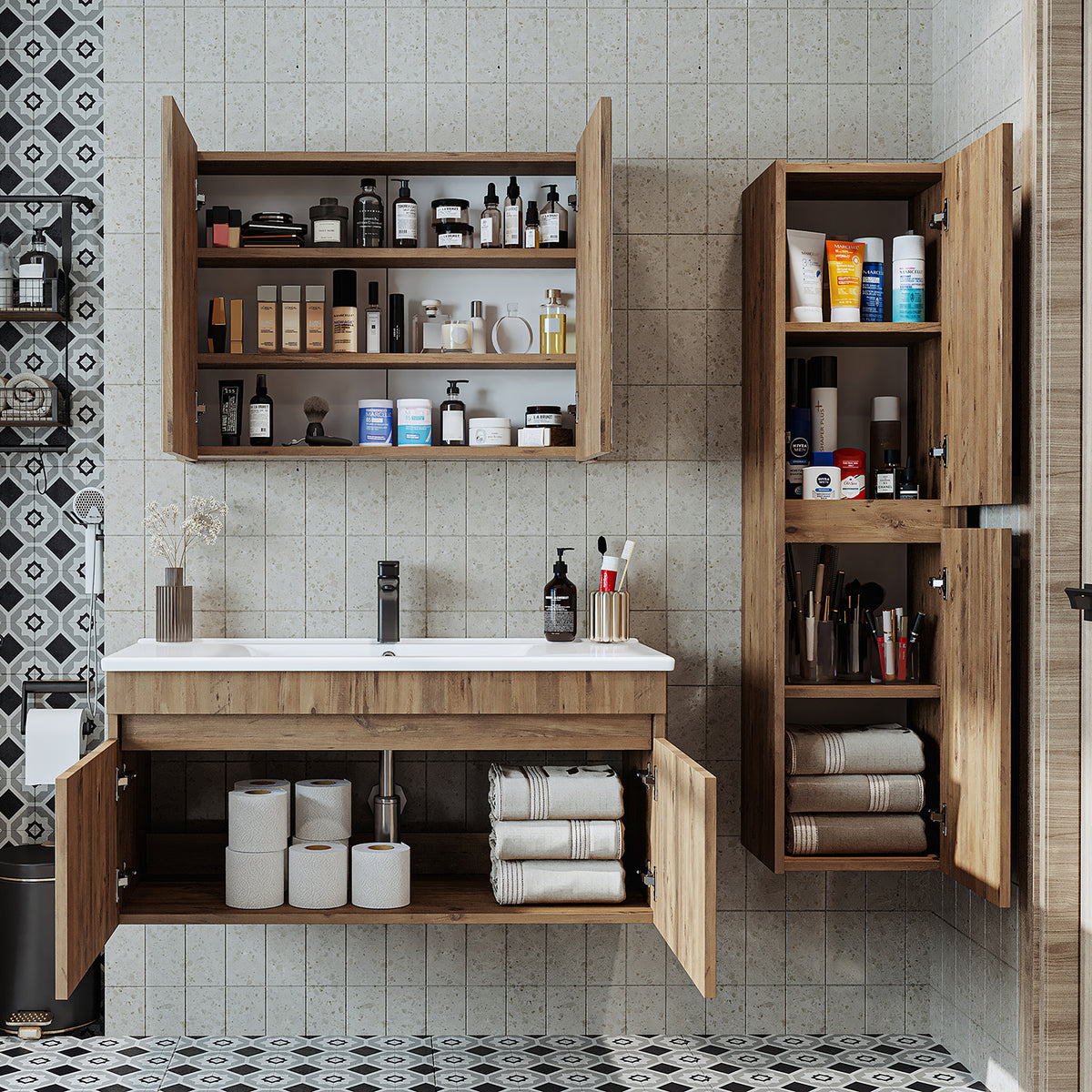 lavabo, set di mobili da bagno, lavabo con mobiletto, mobili da bagno, mobile alto, mobile, illuminazione, mobili da bagno, mobiletto, mobile a specchio, specchio, ampio, bagno, ospite, sospeso, mobile da bagno, bianco, mobili