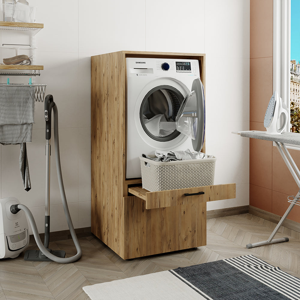 Roomart Waschmaschinenschrank mit Ausziehbrett & Schublade, in 3 Farben, HBT : 145x67x65 cm • Weiss • Schwarz Eiche