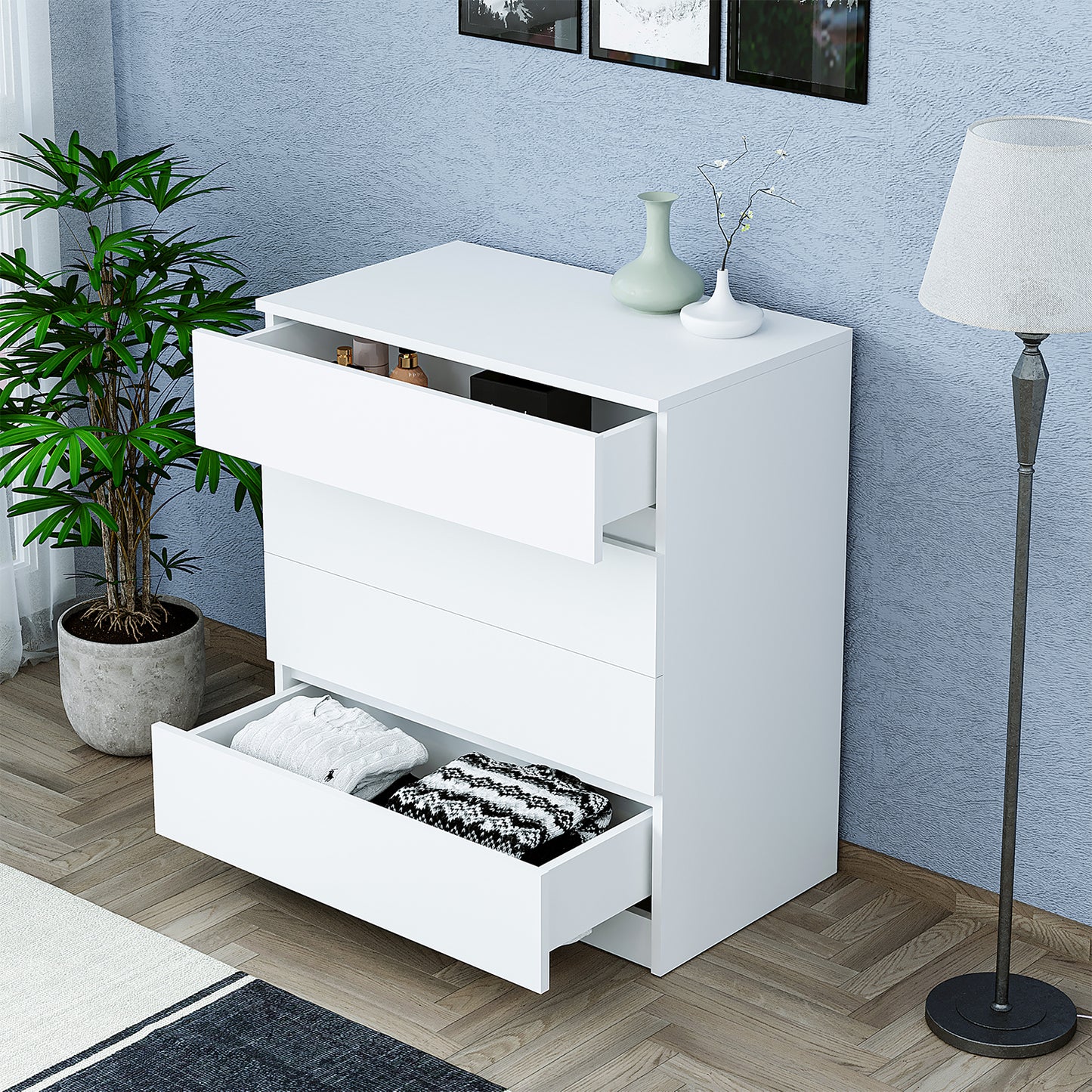Roomart SIFO Mehrzweckschrank in Weiß – Schrank mit 4 Schubladen – Aufbewahrungsschrank für Wohnzimmer, Schlafzimmer, Esszimmer oder Büro – Modernes Design