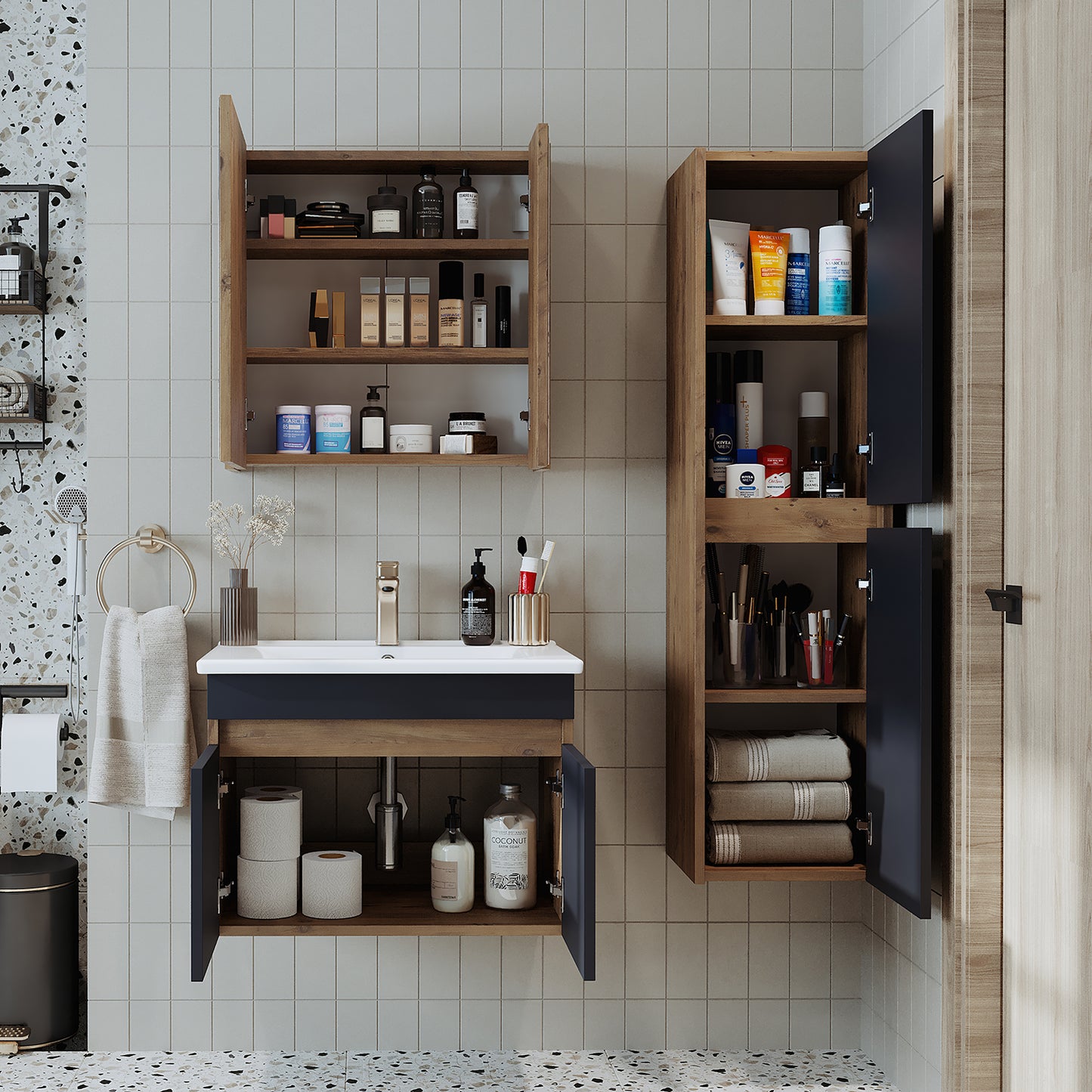 Roomart Ensemble de meubles de salle de bain ATRIA 65 cm Armoire basse avec lavabo Armoire haute - miroir salle de bain, armoire miroir salle de bain largeur 60 cm, armoire miroir salle de bain, armoire miroir avec éclairage, armoire miroir largeur 80 cm, armoires miroir pour salle de bain, miroir