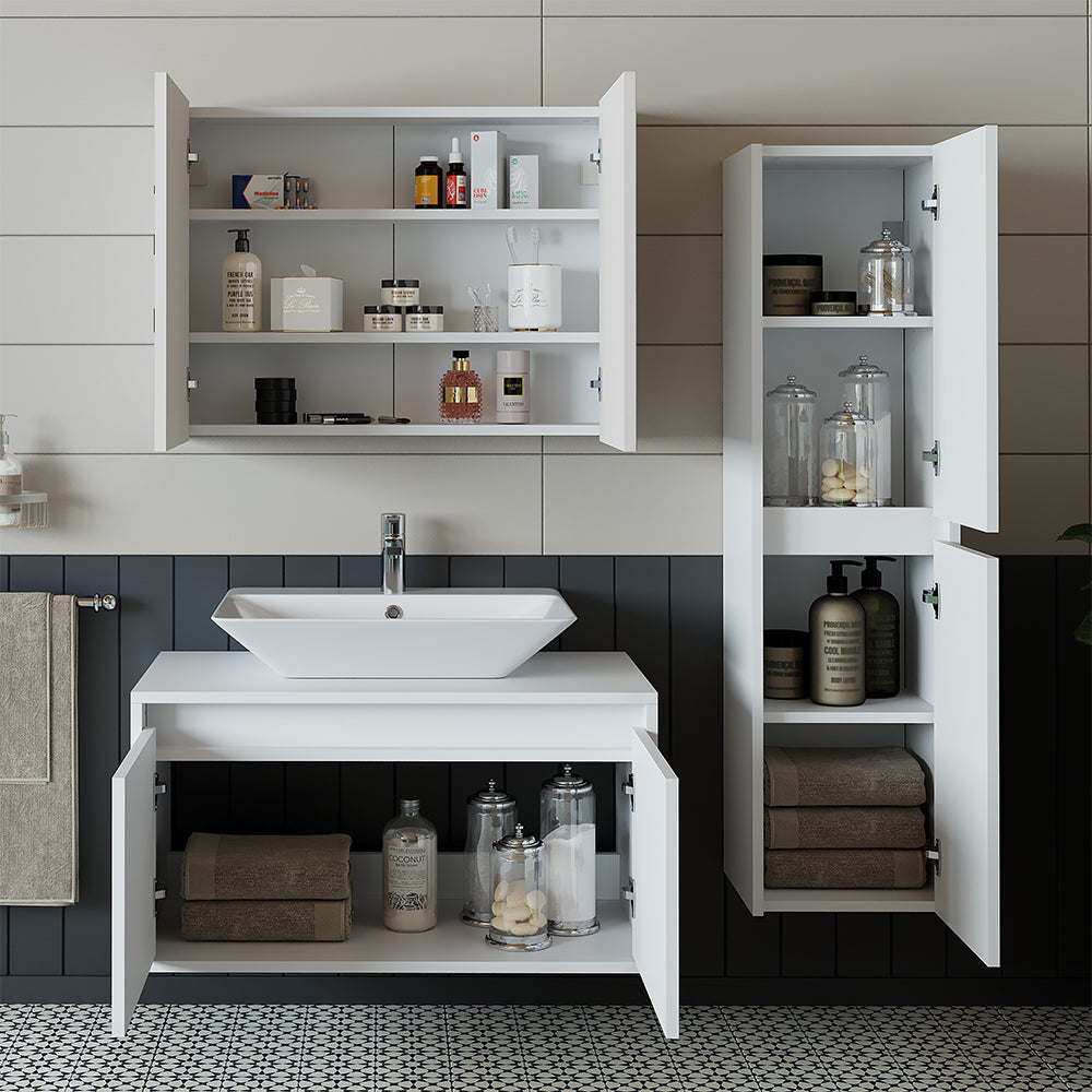 Roomart Badmöbel Set ATLANTIC 4-teilig 85 cm in 5 Farben Unterschrank mit Keramikwaschbecken • Spiegelschrank • Hochschrank