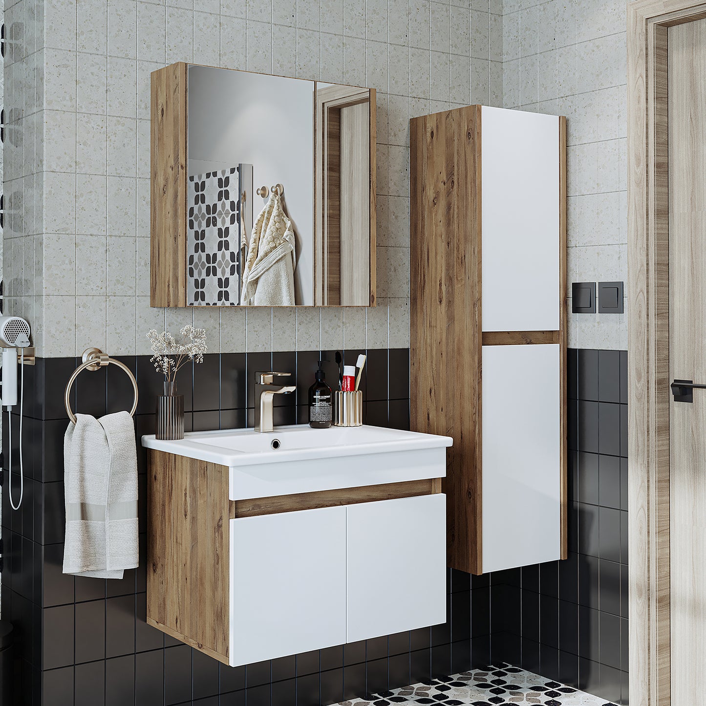 Roomart Ensemble de meubles de salle de bain ATRIA 65 cm Armoire basse avec lavabo Armoire haute - miroir salle de bain, armoire miroir salle de bain largeur 60 cm, armoire miroir salle de bain, armoire miroir avec éclairage, armoire miroir largeur 80 cm, armoires miroir pour salle de bain, miroir