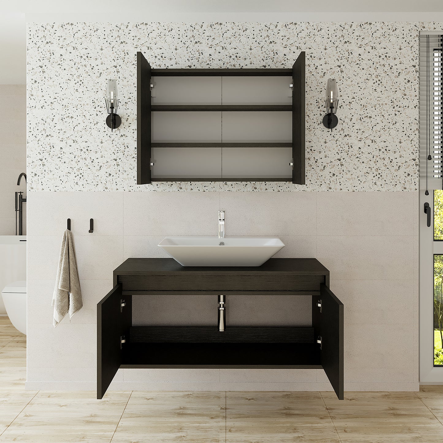 Roomart • Badmöbel Set • ATLANTIC • 3 Teilig • 100 cm Unterschrank mit Keramikwaschbecken • 80 cm Spiegelschrank