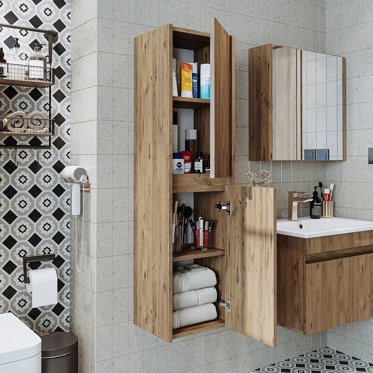 Roomart Badmöbel Set MELONA 3-teilig, in 4 Farben, 65cm Unterschrank • Spiegelschrank • Hochschrank-badezimmerschrank, waschbecken, badezimmermöbel, badschrank, badezimmer, mit, unterschrank, badmöbel, set, waschtisch, möbel, badezimmermãbel, bad, badezim