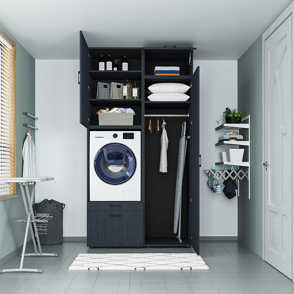 Roomart Schrankwand & Hochschrank Weiß Schwaz Eiche Badschrank Mehrzweckschrank- schrank, badezimmerschrank, waschmaschinenschrank, badschrank, badezimmermöbel, waschmaschinenregal, waschturm, hochschrank, bad, möbel, weiß, waschmaschinen, unterschrank, w